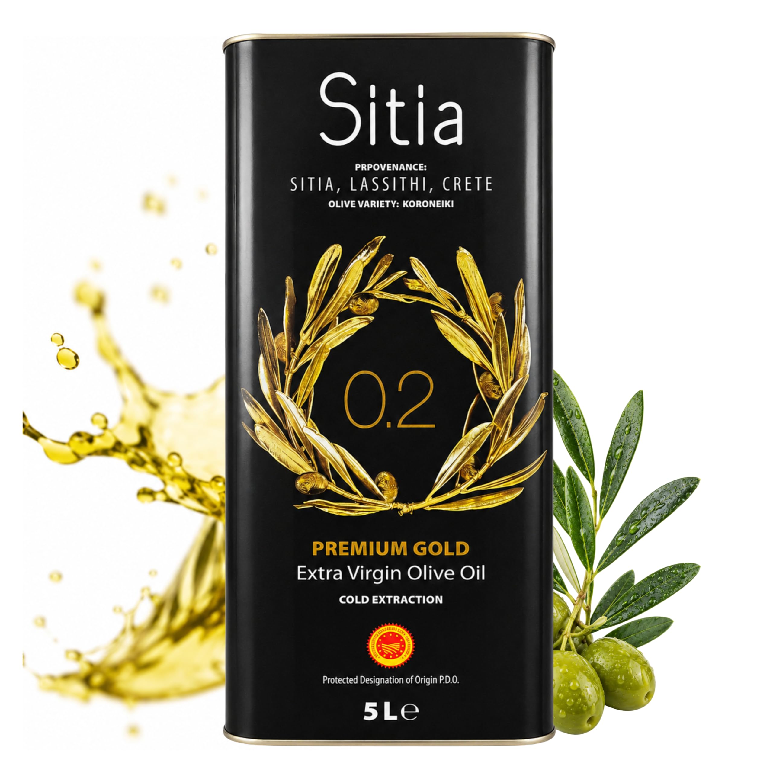SITIA Premium Gold | Olivenöl Extra Vergine 5 l | Kreta | Polyphenole | Koroneiki-Oliven, Kaltextraktion, 0,2% Säure, g.U. Sitia Lasithiou Kritis, neue Ernte, für Kochen, Braten und Salate