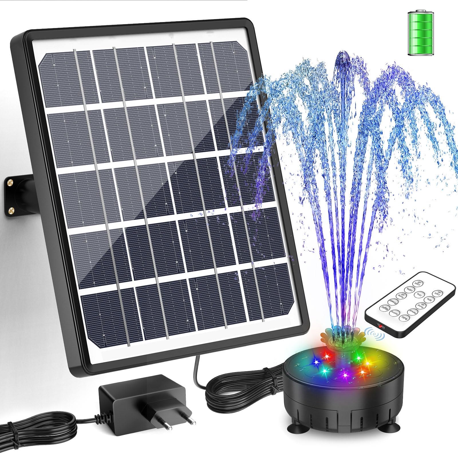 SUJFEE Buntes LED Solar Springbrunnen für Außen,8W Solar Wasserpumpe mit Akku und Gebührenpflichtig, DIY Solarbrunnen mit Fernbedienung und Feste Pfähle, mit 21 Effekte, für Garten,Teich,Wasserspiel