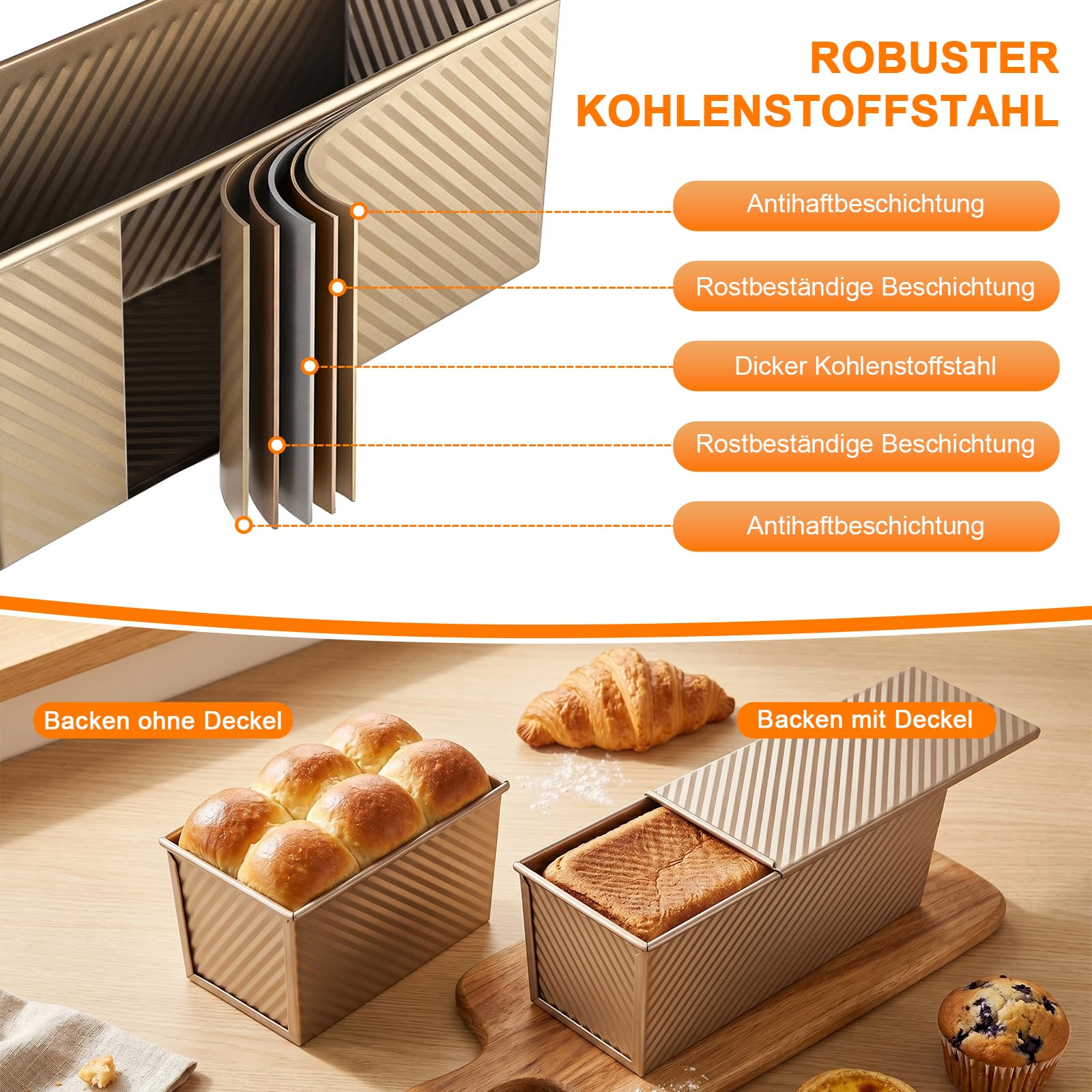 Juego de 2 Moldes para Pan con Tapa, Antiadherente Rectangular Molde Pan para Hornear Pasteles y Tostadas, Acero Al Carbono