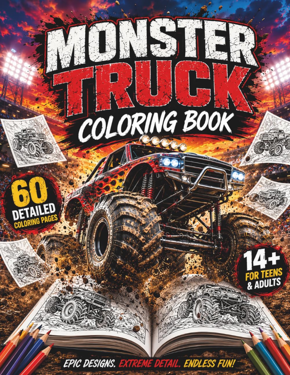 Monster Truck Coloring Book: 60 Detailed Coloring Pages for Teens and Adults