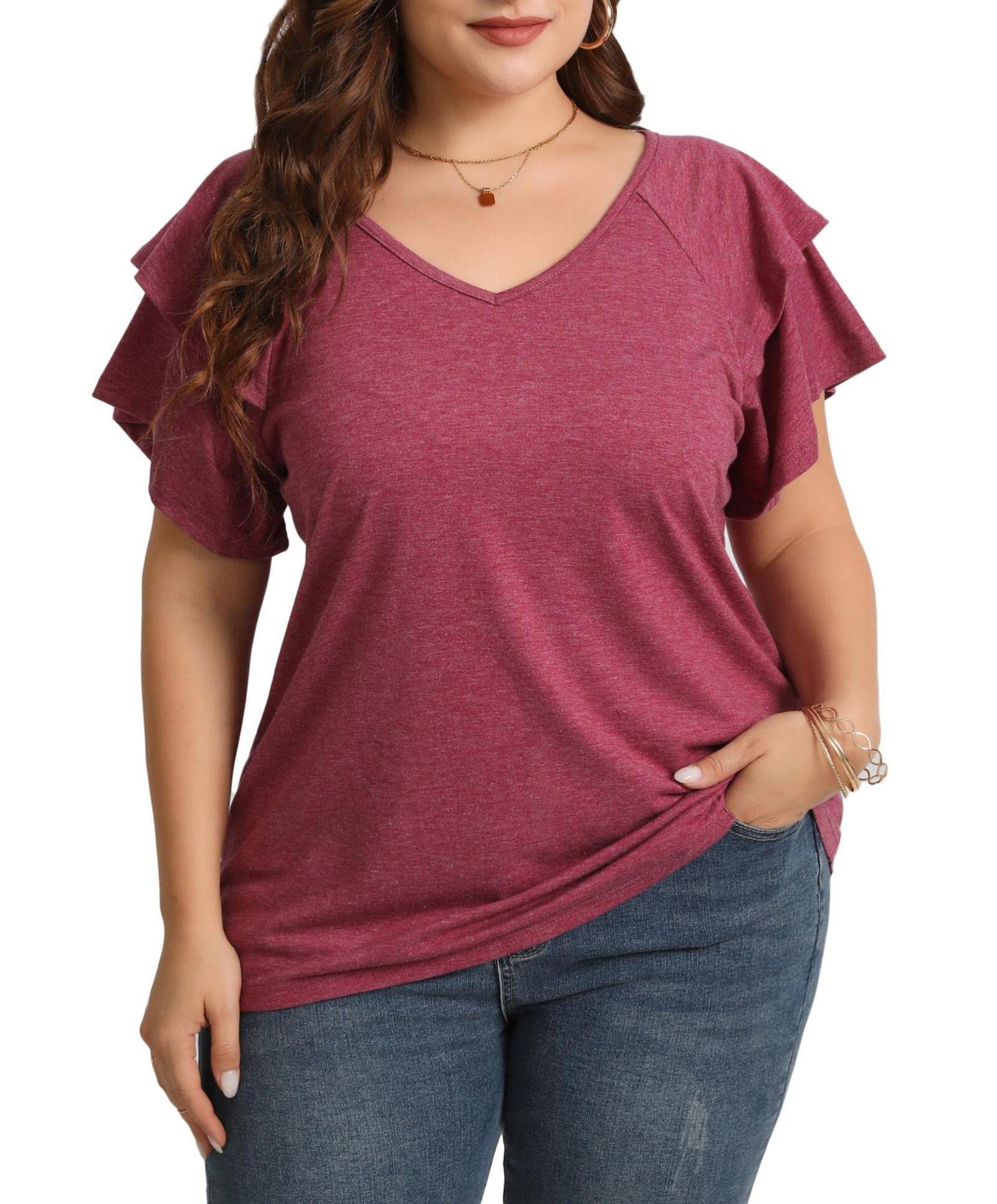 KLPOHV Women's Plus Size Tops Ruffle Short Sleeve V Neck Solid T Shirts Casual Loose Blouses Tunic Top