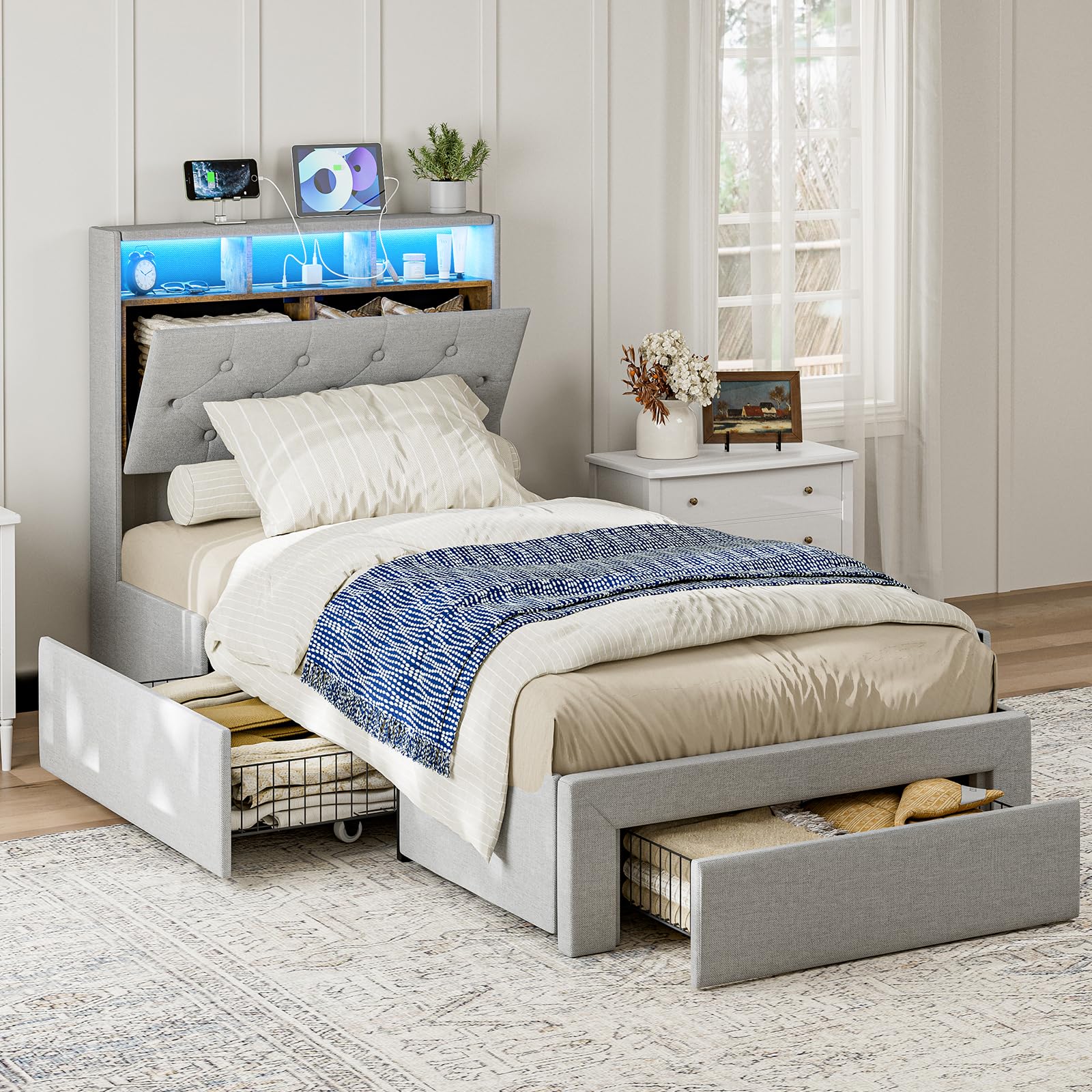 IKIFLY Twin XL Bed Frames with Hidden Storage Headboard & Drawers, Upholstered Twin XL Platform Bed with LED Lights & Charging Station, Solid and