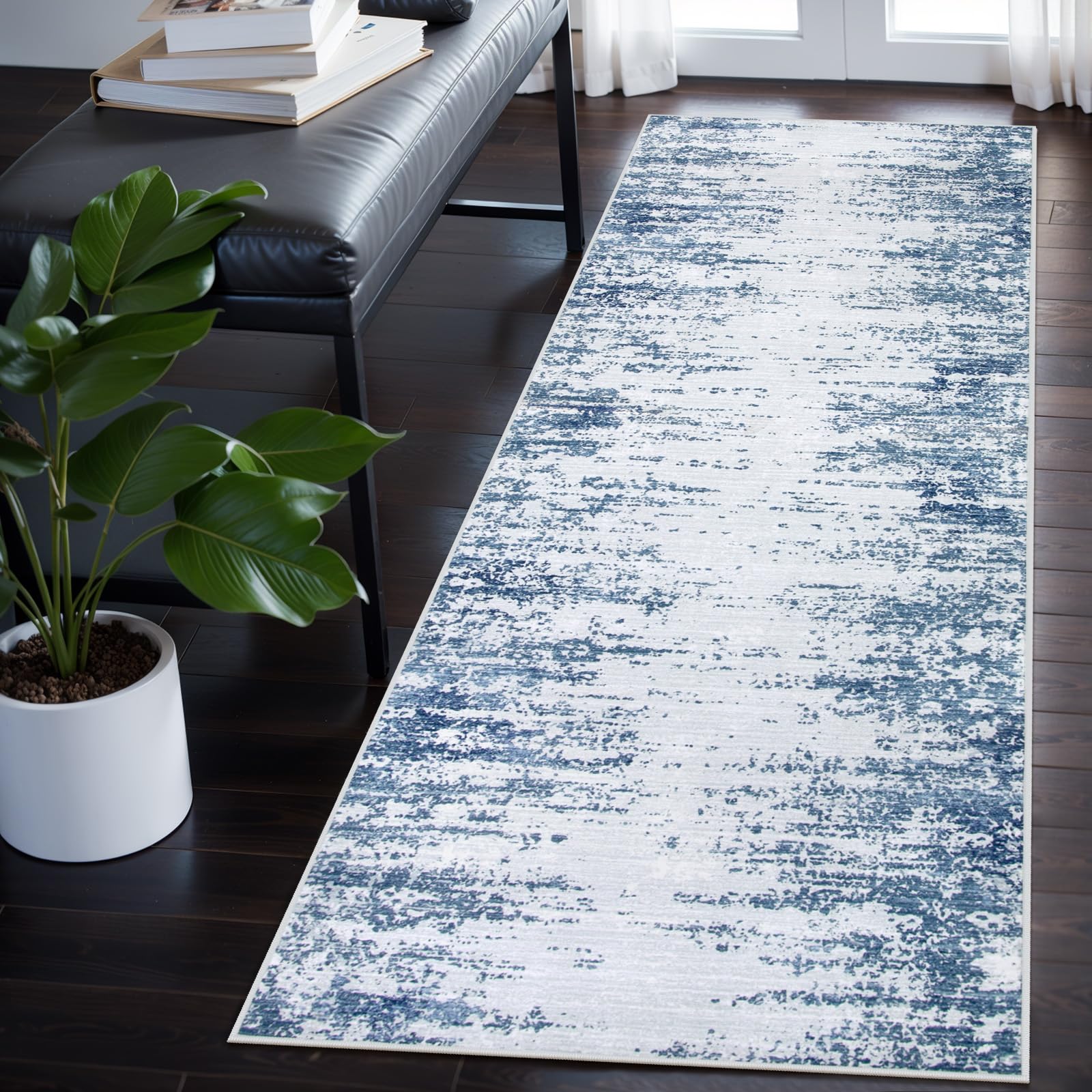 Lahome Abstract Blue Kitchen Runner, 2x6 Kitchen Runner Rugs Non Skid Washable Low-Pile Runner Rugs for Hallway 6 ft Modern Ombre Indoor Floor Runner