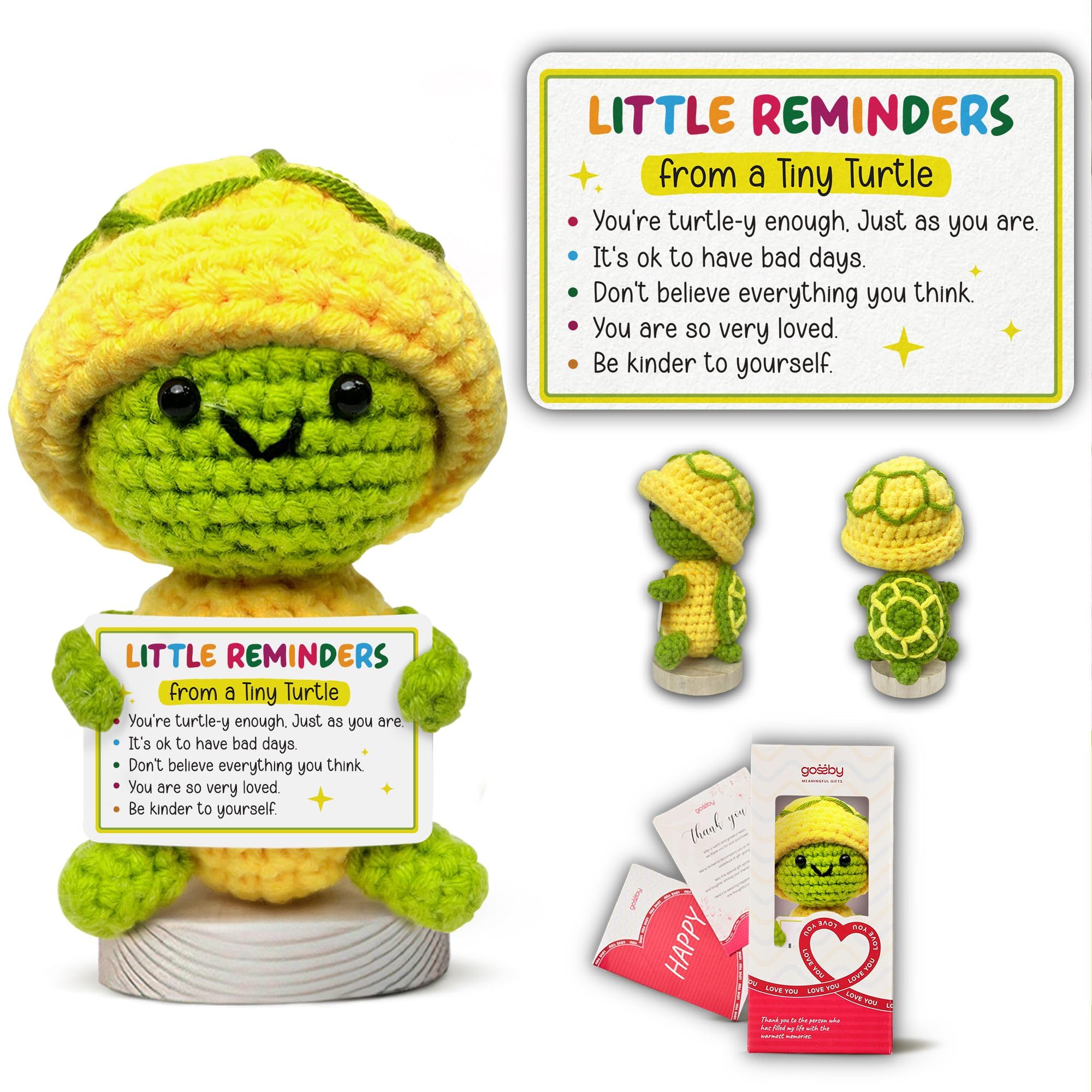 Gossby Handmade Positive Turtle Crochet - Inspirational Gift for Women - Little Reminders from Tiny Turtle - Christmas, Birthday, Emotional Positive Gift for Coworker, Sister, Friend, Teacher