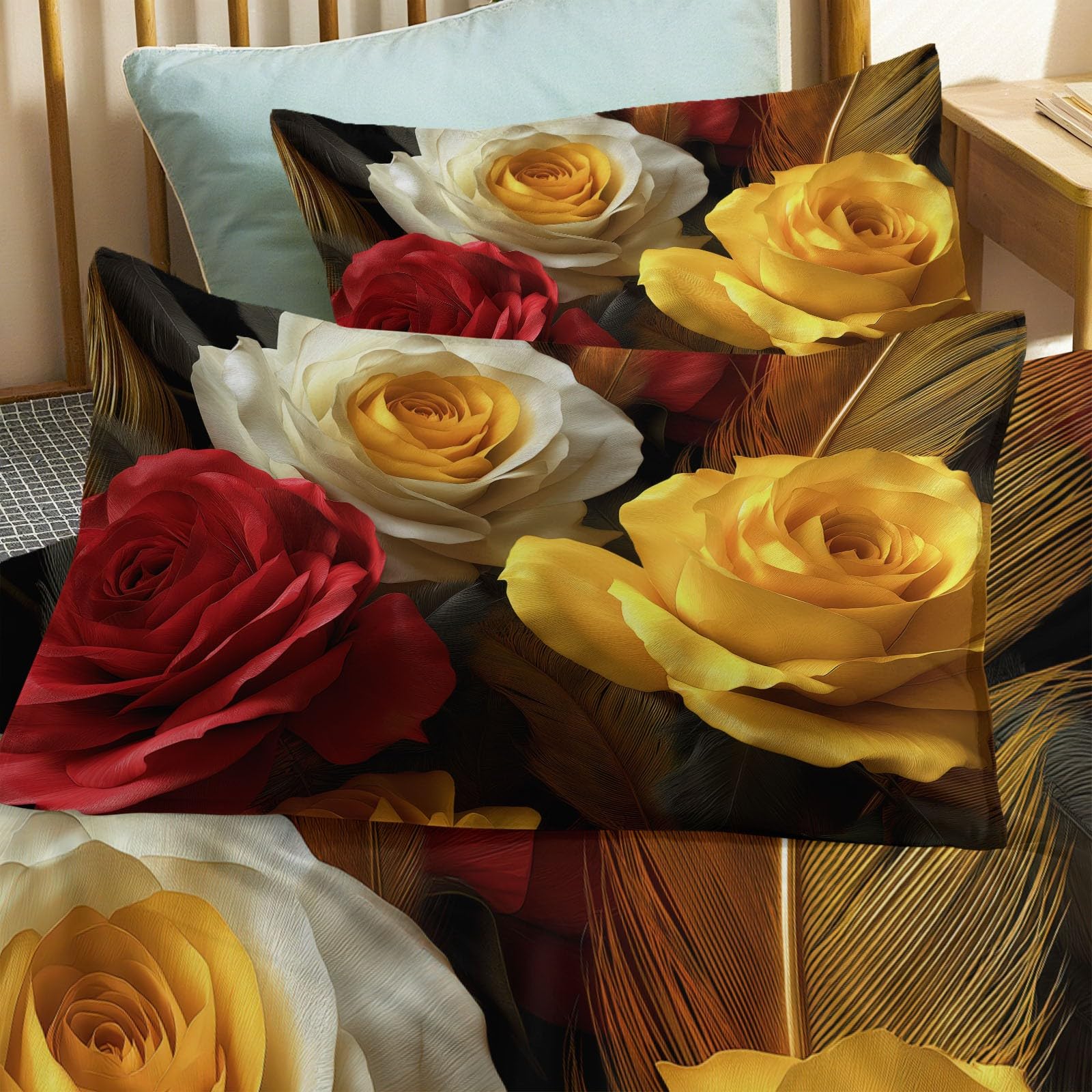 Copripiumino Matrimoniale Biancheria da Letto Morbida Antirughe, 3D Retro Fiori Rose Fantasia 200 x 200 cm, Parure Copripiumino con federe Sacco Piumone Camera Da Letto Per Bambini Giallo Scuro