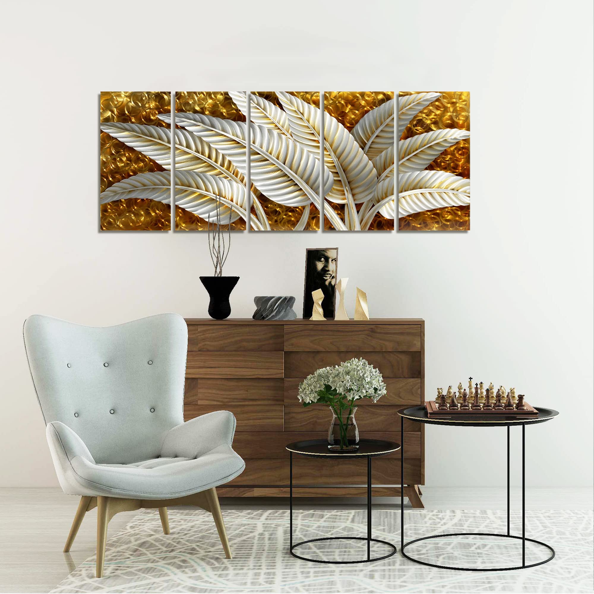BATRENDY ARTS Silver & Gold Banana Leaves Metal Wall Art - 5-Panel Hand-Polished Aluminium Decor, 24x64 In