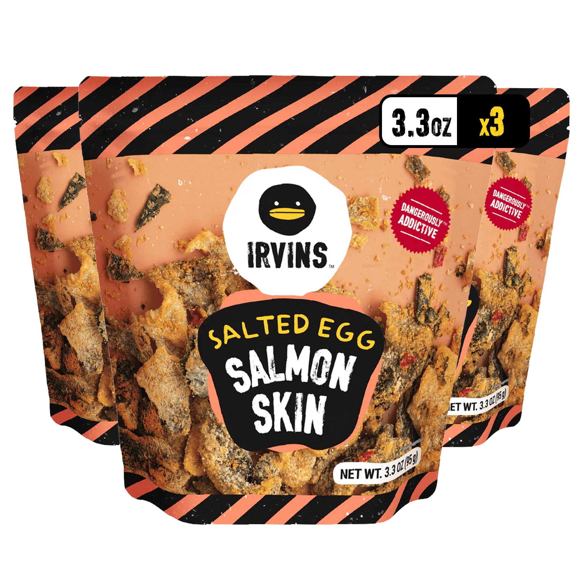 IRVINS Salted Egg Salmon Skin Chips & Crisps - Premium Hand Cooked, Halal, Keto-Friendly, High Protein Snack | Dangerously Addictive | (3.3 oz, Pack of 3)