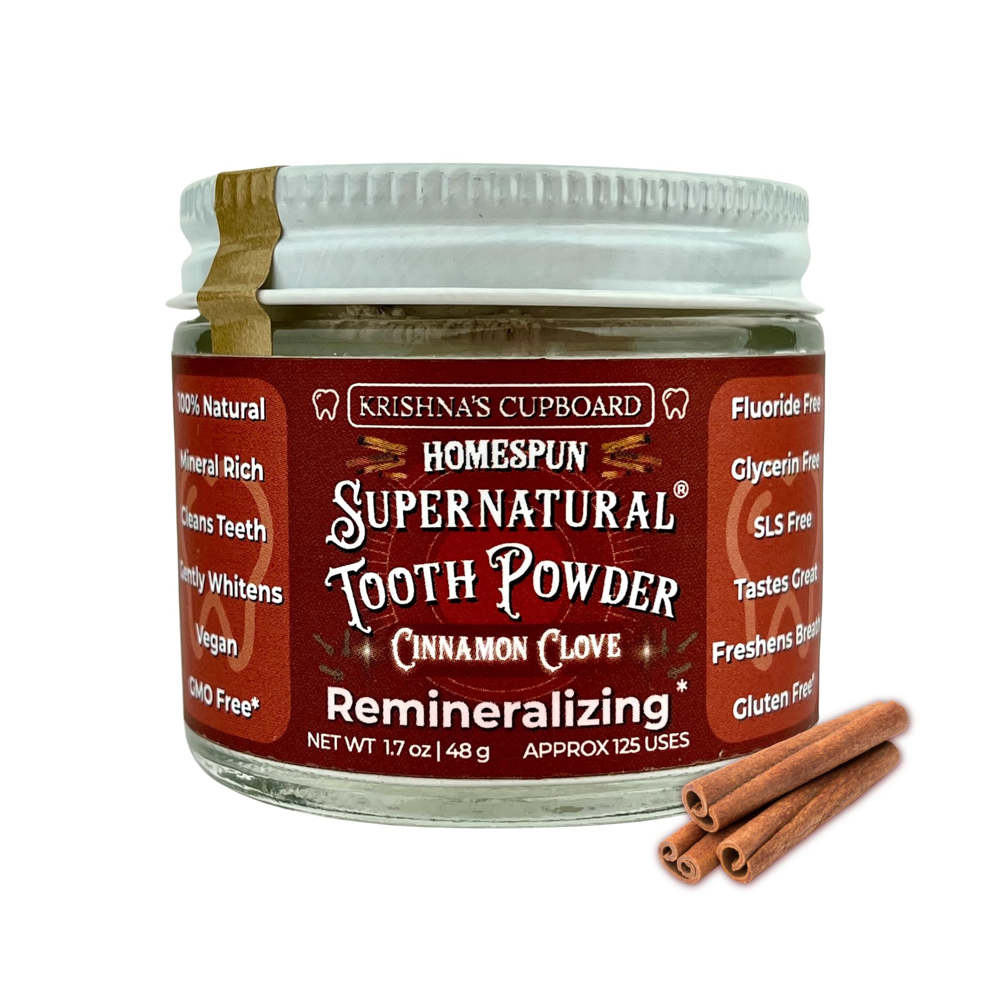 Krishna’s Cupboard Supernatural Tooth Powder – All Natural Remineralizing & Whitening Tooth Powder, Fluoride Free, Organic, Vegan, Cinnamon Clove, 1.7 oz
