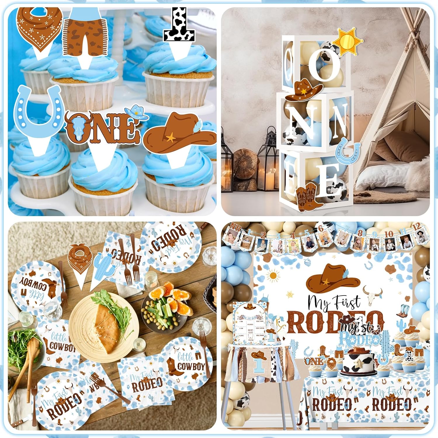 My First Rodeo Decorations Boy-239Pcs Cowboy Blue and Brown Balloon Arch Garland Kit with Tableware,Backdrop,Balloon Boxes for Boy 1st Birthday Party Supplies - Image 4