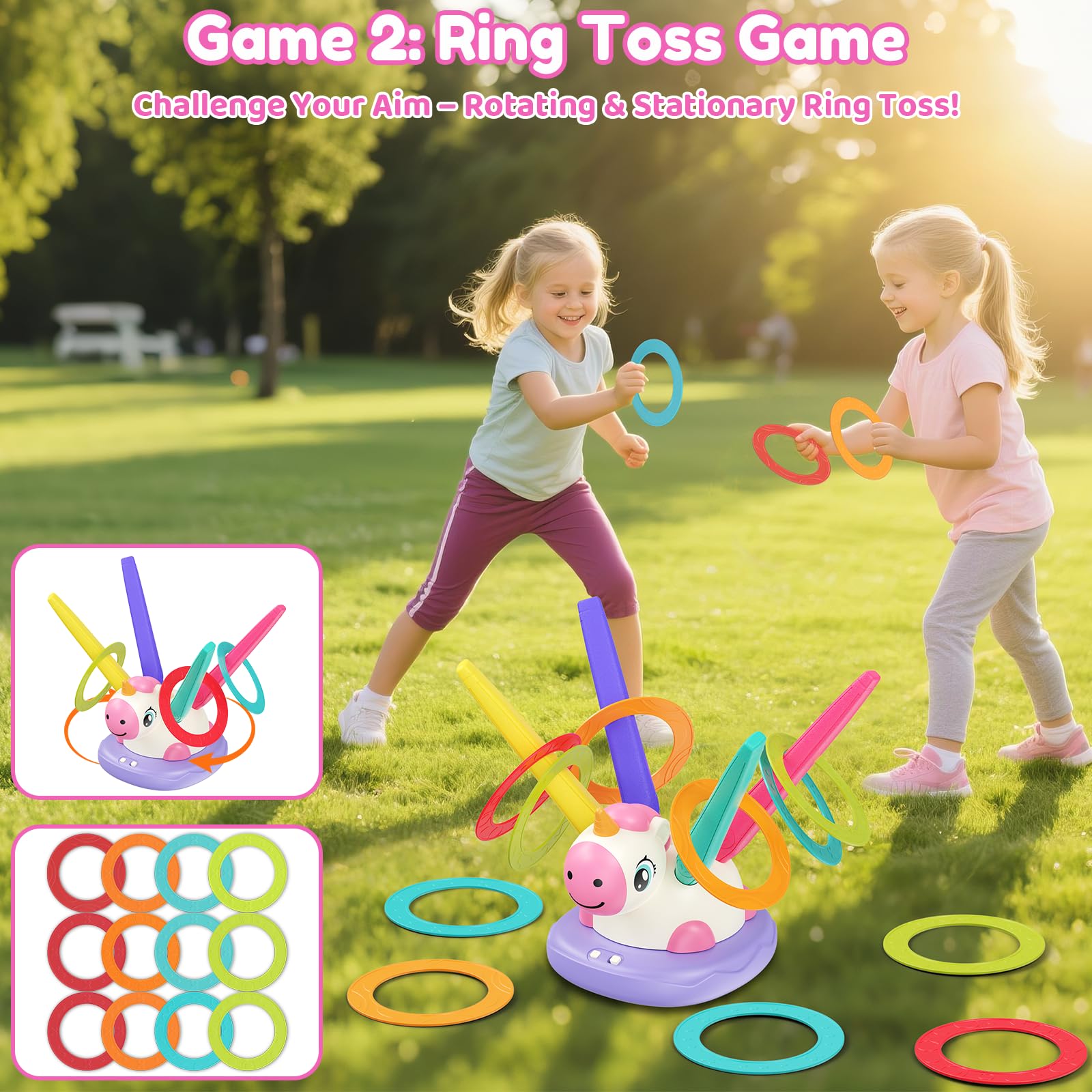 Aliex Einhorn 3 in 1 Outdoor Spielzeug für Mädchen ab 3-12 Jahre, Seilspringmaschine, Raketenspiel, Ringwurfspiel, Gartenspielzeug für Kinder, Bewegungsspiel, Geschenk für Mädchen