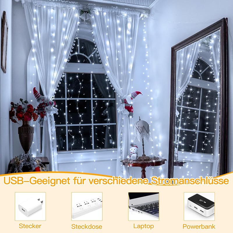 Ollny LED Fényfüggöny 3x3m - 300 LED Fehér Vízálló USB Tündérfény Beltéri/Kültéri Dekoráció Falra, Ablakra, Erkélyre, Karácsonyi Partikra