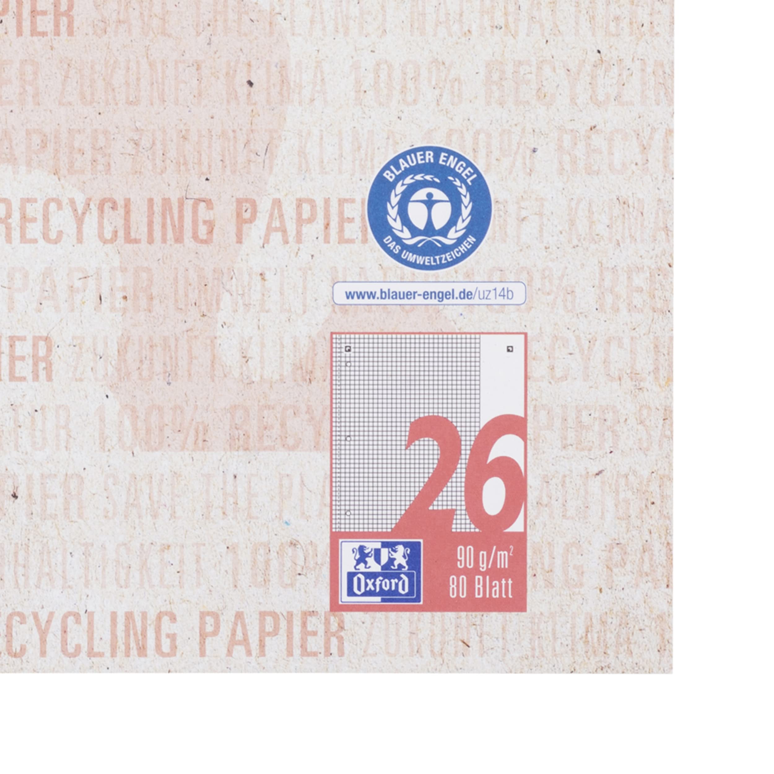 Oxford Recycling Collegeblock A4 kariert mit weißem Rand, 80 Blatt, 10 Stück