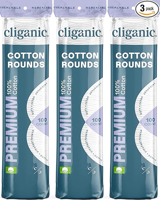 Cliganic Premium Cotton Rounds for Face (300 Count) - Makeup Remover Pads, Hypoallergenic, Lint-Free | 100% Pure Cotton (Packaging May Vary)