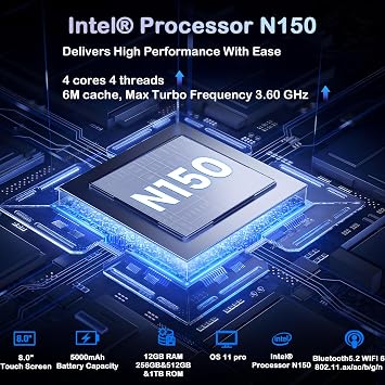 Mini PC N150 (up to 3.6GHz) Micro Desktop Computer 12GB DDR5 RAM M.2 SSD Mini PC with 8 Inch Touch Screen Win11Pro 4K Dual Display WiFi 6 BT 5.2 12 Ports (N150-12GB+256GB)
