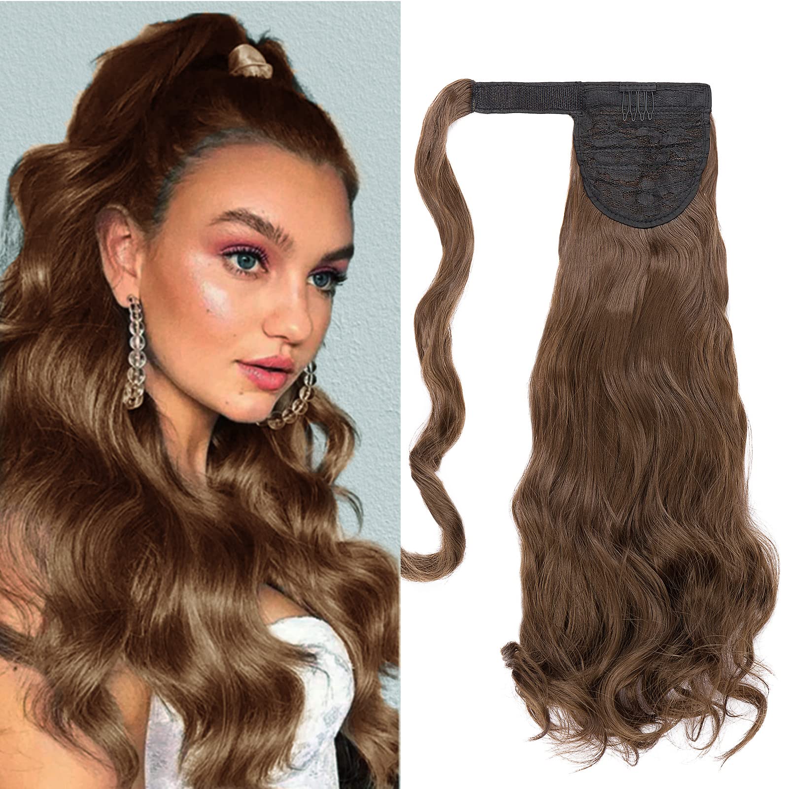 Cybelleza Curly Ponytail Extension Long Wavy Wrap Around Ponytails 20 inch Clip in Hair Extensions Hairpiece Synthetic for Women 105g