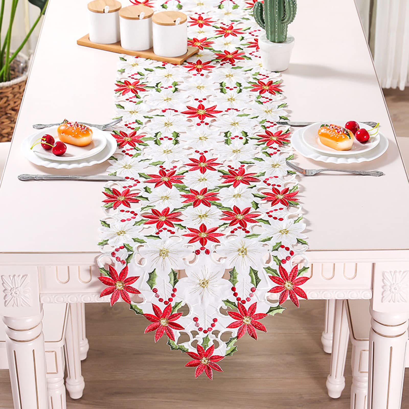 Table Runner Rustic, 38x220cm Decoración Mesa de Centro Blanco Flor Bordada Poliéster para Comedor, Despedida de Soltera, Boda