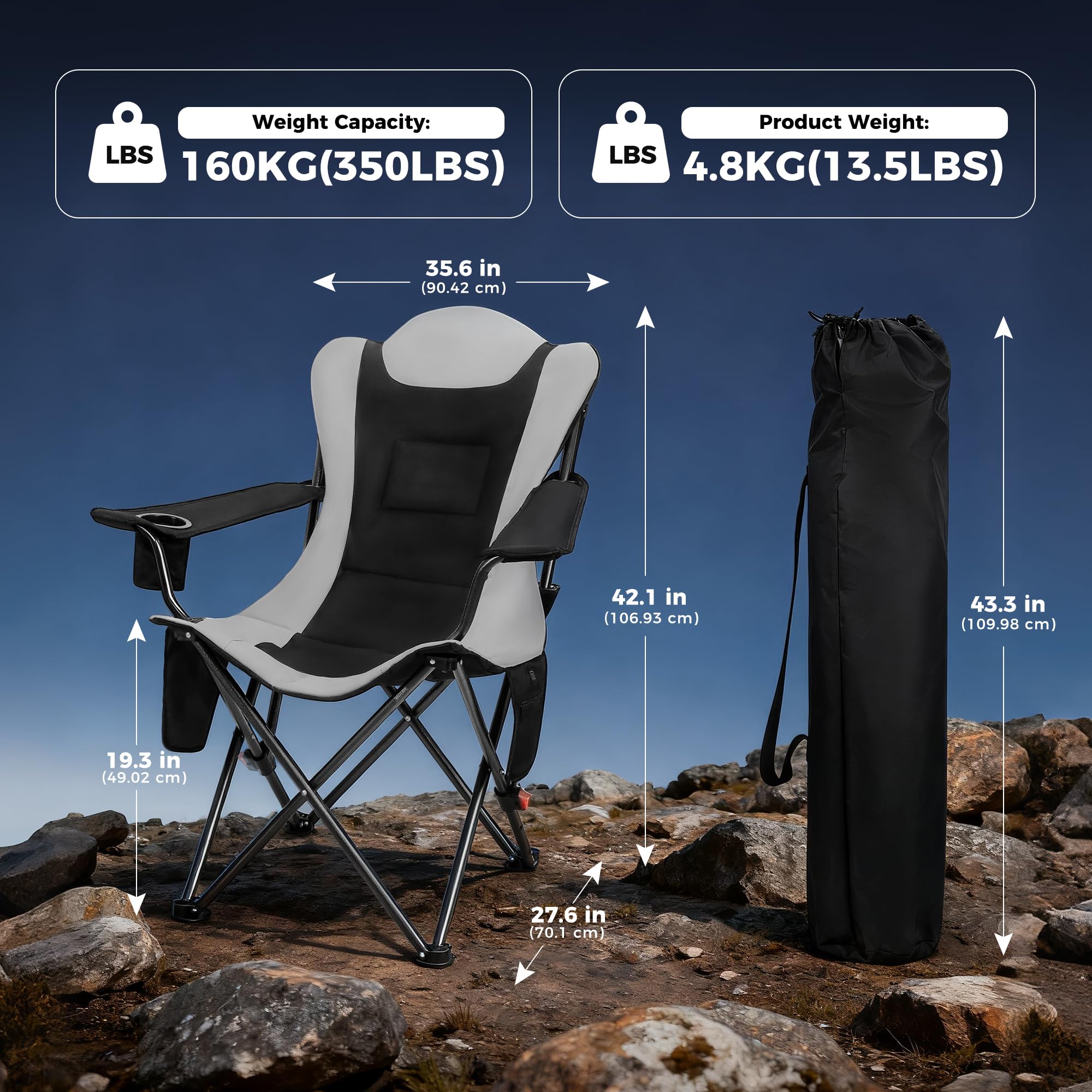 OUTSIDER Lot de 2 chaises de camping à 3 positions pour adultes – Support de 160 kg avec poche supérieure et latérale, porte-gobelet, réglable en 3 étapes, chaise de pêche en plein air pour camping