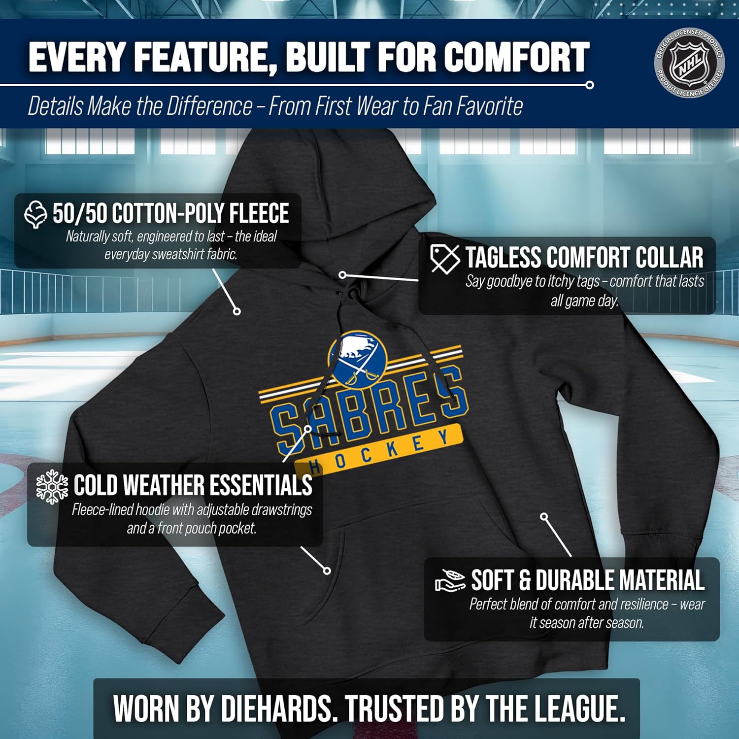 Wright & Ditson NHL Adult Heather Charcoal True Fan Hooded Sweatshirt Unisex - Unisex Cotton Poly Blend - Ultimate Comfort