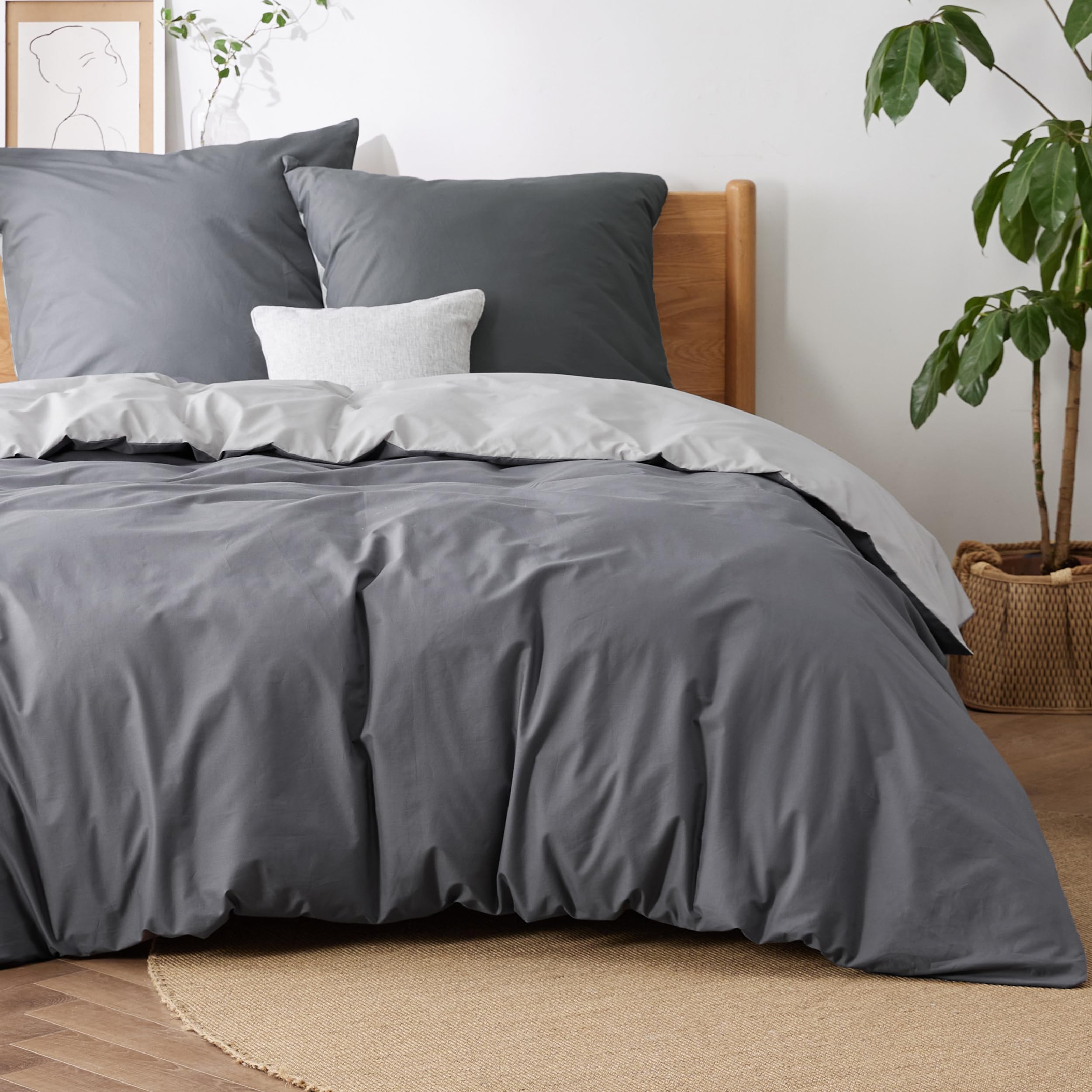 BEDSURE Ropa de cama de 155 x 220 cm, antracita y gris, algodón, ropa de cama de 155 x 220 cm, reversible de 3 piezas, con 2 fundas de almohada de 80 x 80 cm, Öko-Tex, funda nórdica de dos tonos con OEKO-TEX STANDARD 100