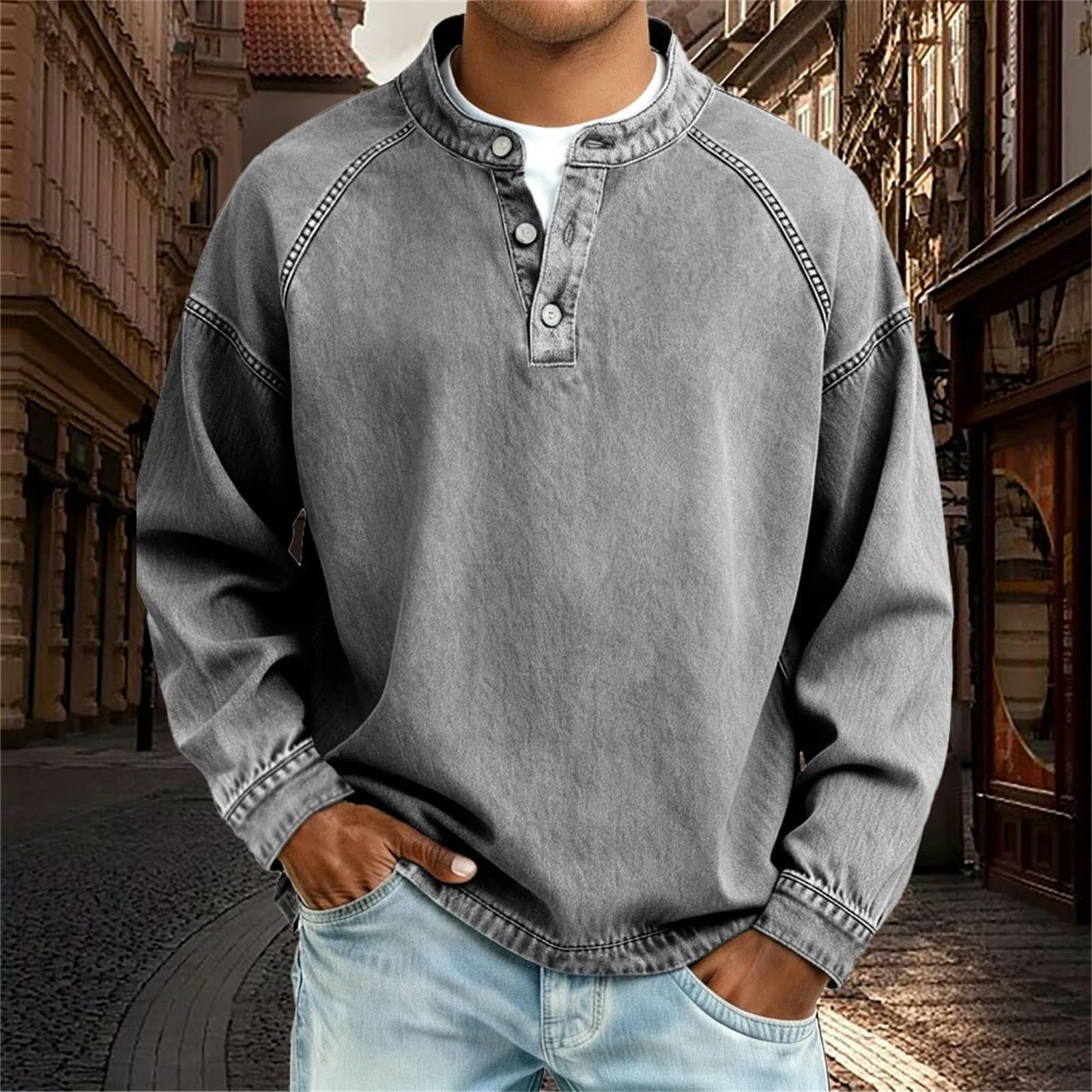 Henley - Maglietta da uomo a maniche lunghe con scollo rotondo, vintage, a maniche lunghe, traspirante, confortevole