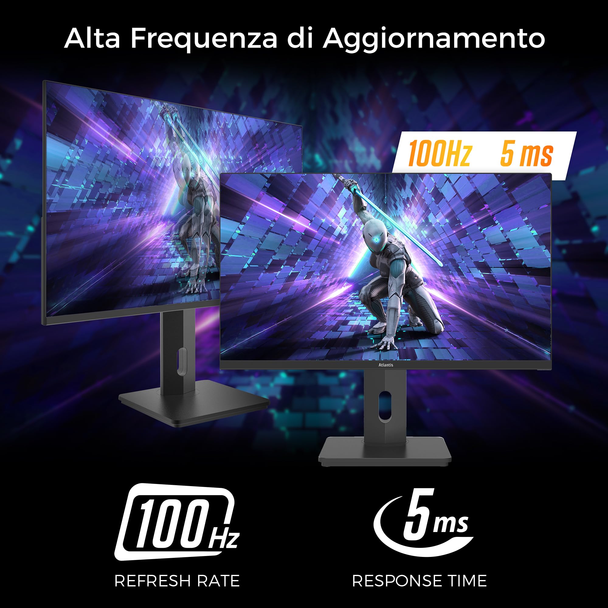 Atlantis Monitor 27 pollici Gaming 100Hz, schermo 27", Full HD 1920x1080, VGA HDMI e DP, MULTIMEDIALE,FreeSync,alzabile inclinabile, pivot risposta 5ms,Contrasto 1000:1,Angolo 178/178,Cavo HDMI e DP