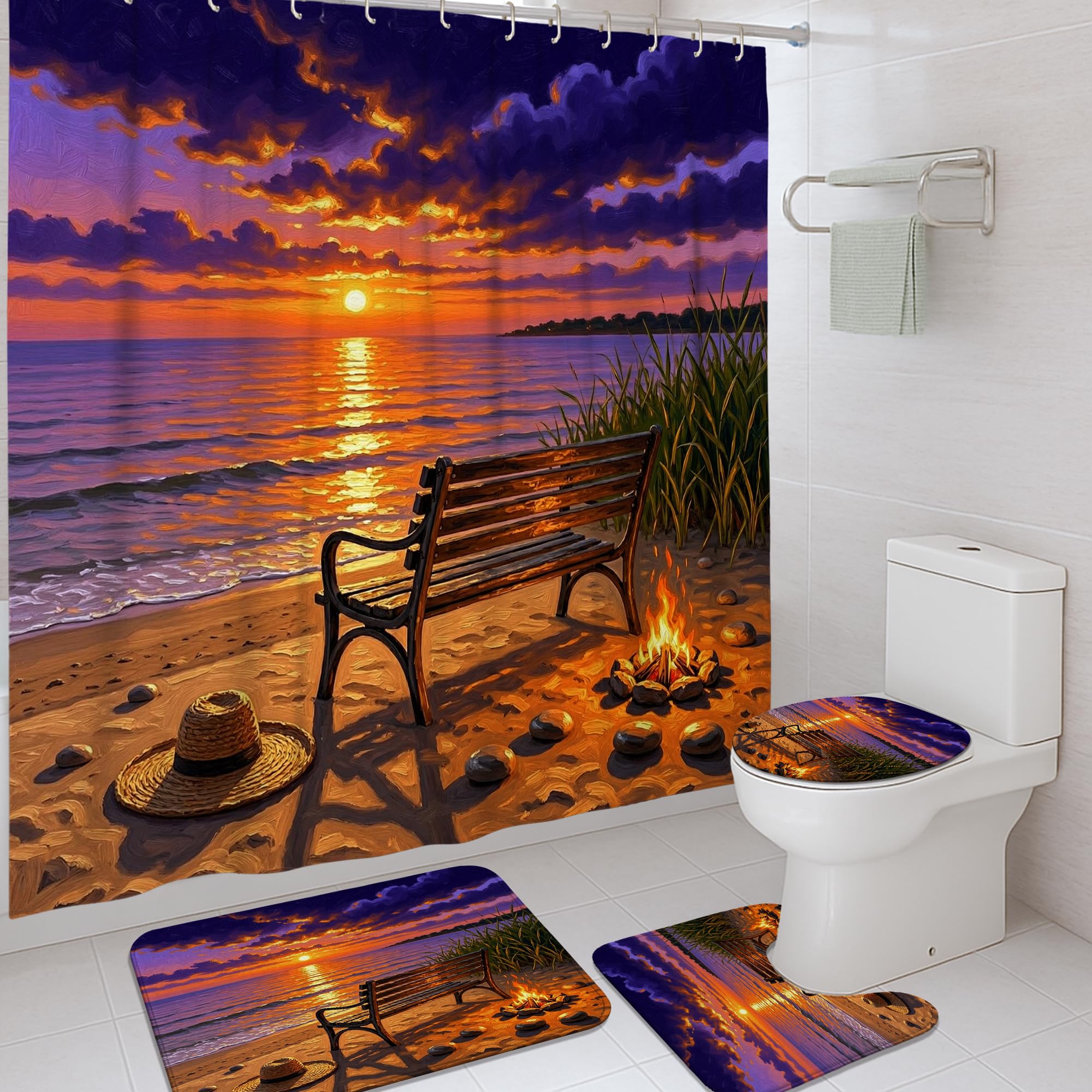 Ensemble rideau de douche orange 183x183 et tapis de bain coucher de soleil pour chambre d'amis