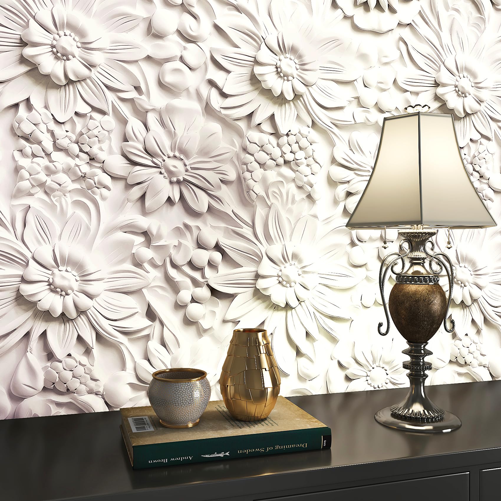 FunStick 44.5CM×9M Papel Pintado Flores Blanco Margarita Papel Pintado Pared 3D Salon Vinilos Adhesivos Flores Beige Papel Adhesivo Para Muebles Baño Floral Papel Autoadhesivo Pared Habitacion 3D