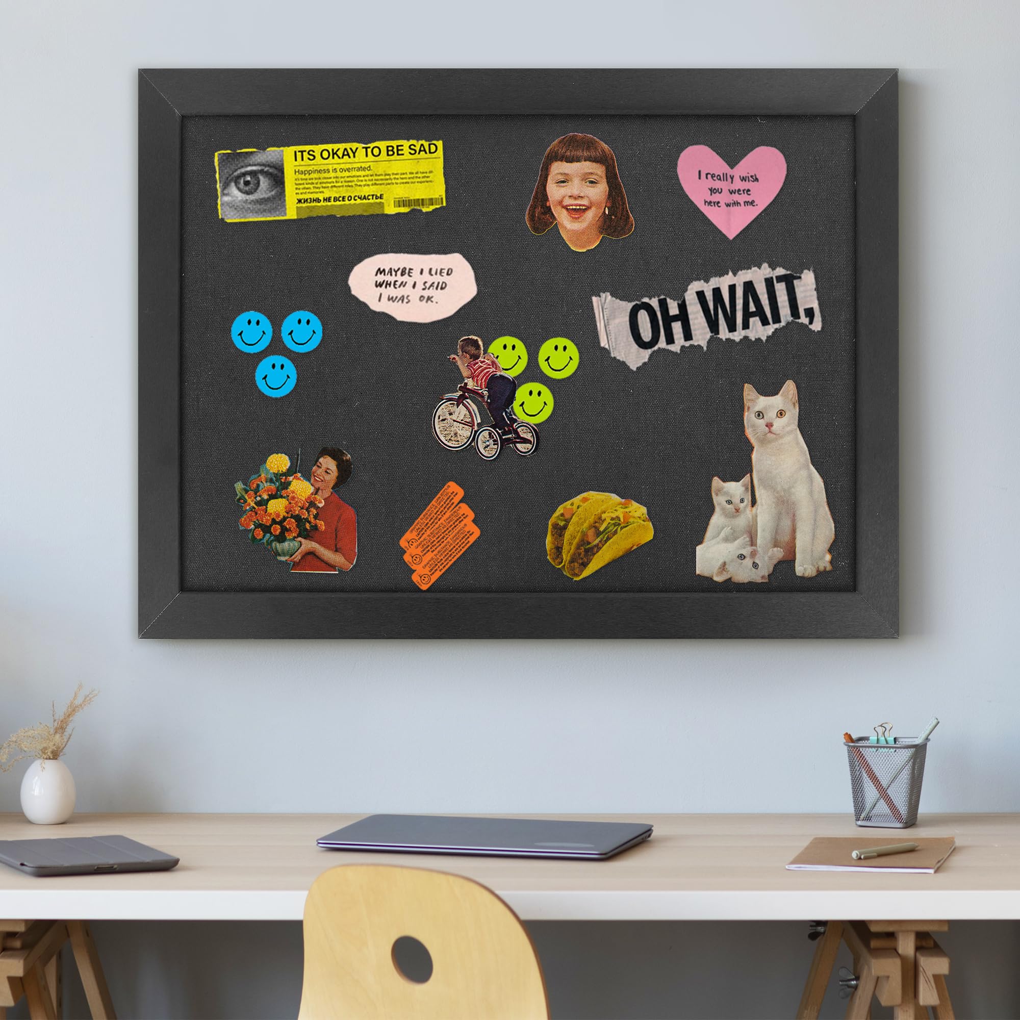 AKTOP Czarna tablica korkowa z lnu 50 x 76 cm, duża, oprawiona tablica korkowa na ścianę, wisząca tablica z obrazkami do dekoracji domu, biura, urocza tablica wizji z pinezkami