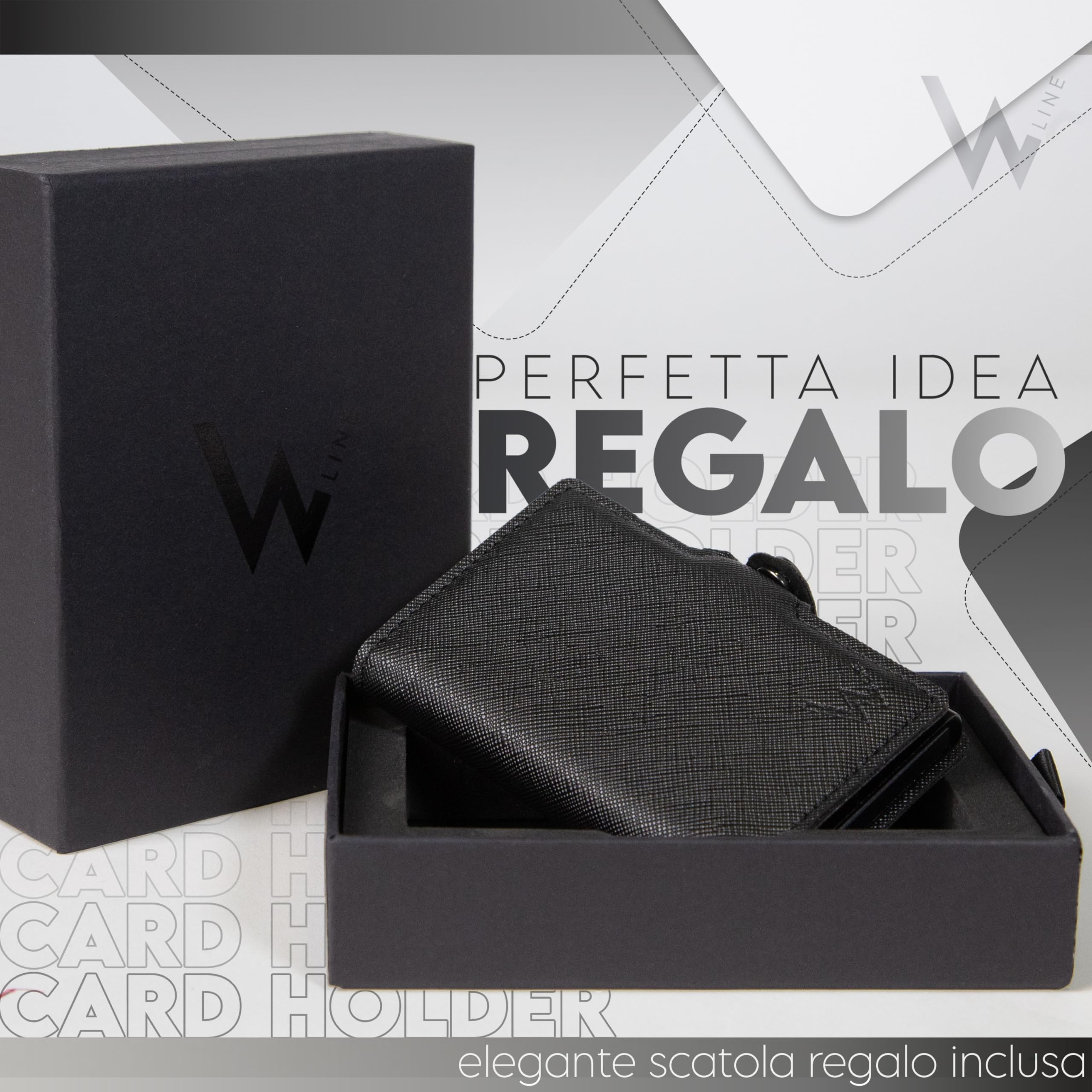 WLine Porta Carte di Credito Uomo e Donna Schermato in Pelle PU Saffiano - Portafoglio Uomo Slim Rfid Compatto ed Elegante - Portatessere Uomo Tascabile (Nero Saffiano senza Zip)