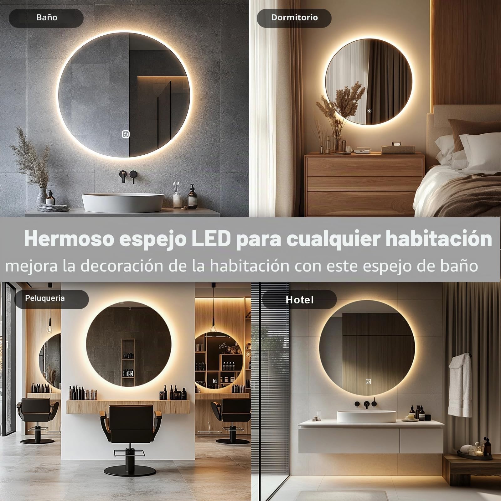 Espejo de baño LED para fregadero, espejo eléctrico redondo de 50 cm con luces retroiluminadas para afeitarse la ducha, montaje en pared sin niebla, iluminación regulable de 3 colores, IP54