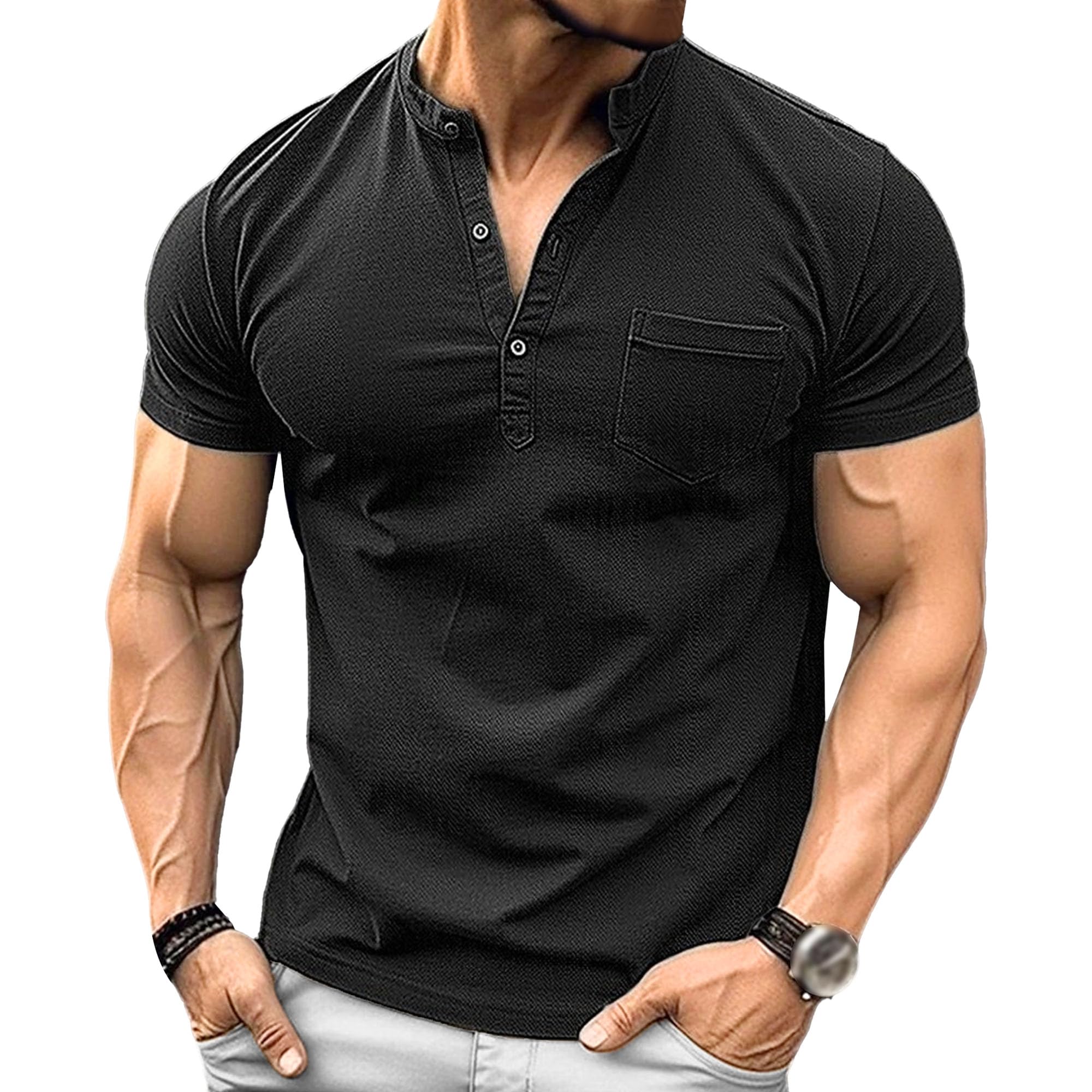 Men Quarter Button Short Sleeve Henry Shirts Trendy Street Stand Collar T Shirt Summer Slim Fit Casual Pullover Tops (Black,3X-Large)
