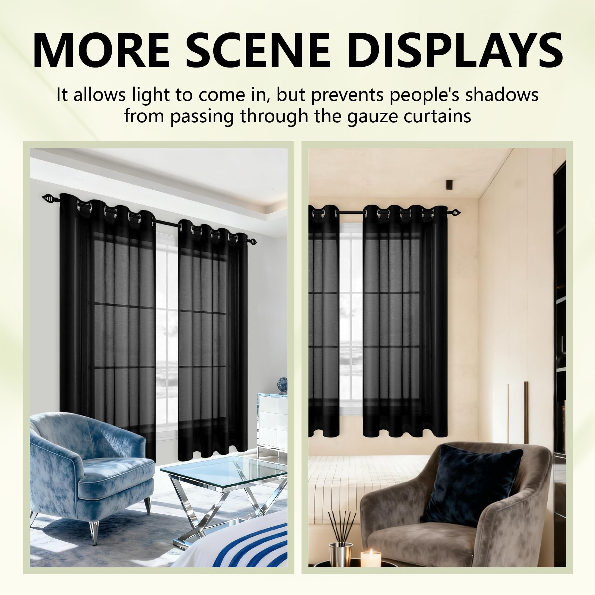 Voile Vorhänge 300 x 220 cm Privatsphäre Transparente Ösenschal Langlebig für Wohnzimmer Fensterschal Lichtdurchlässig Dekoschal Schlafzimmer, Schwarz