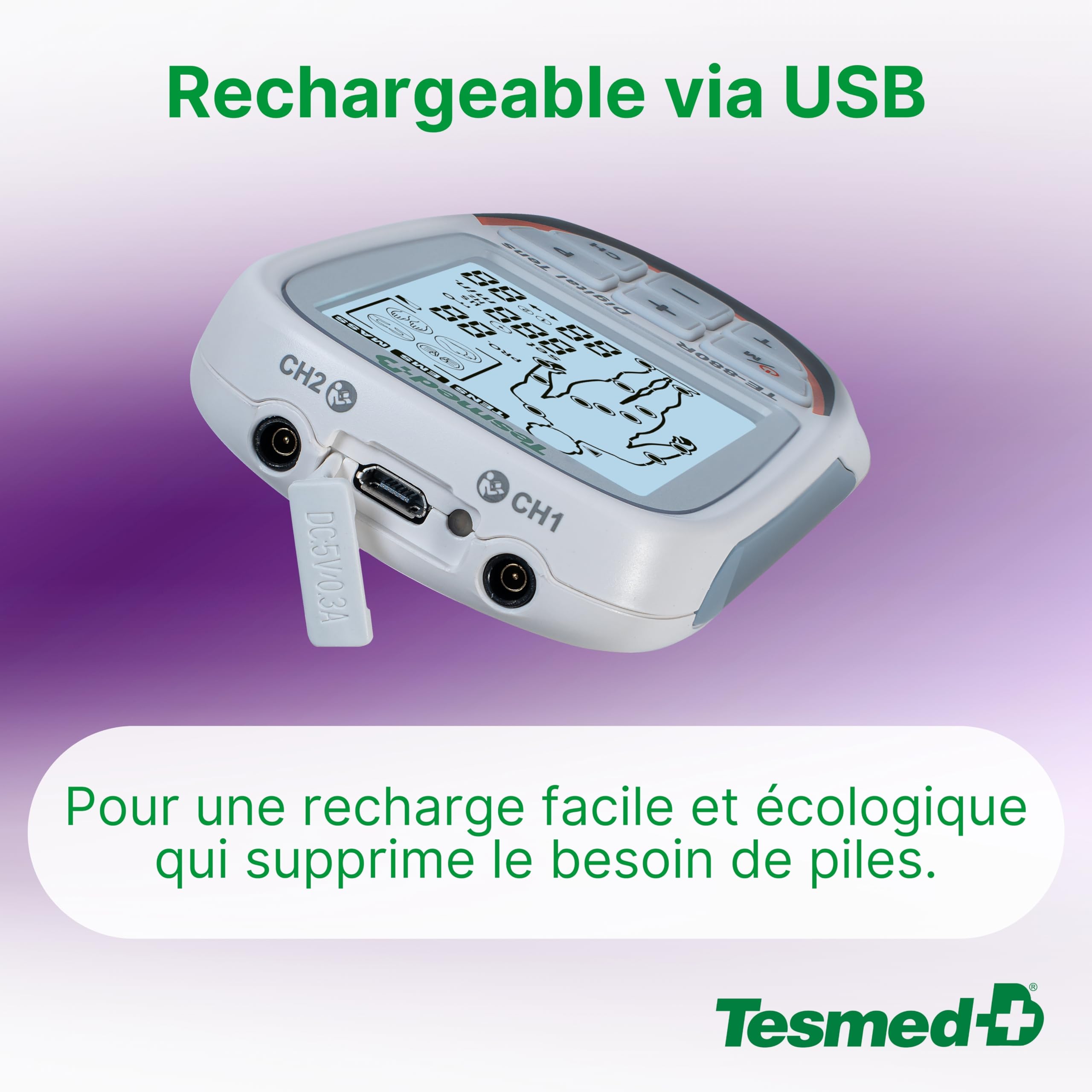 TESMED TE-880R Plus Électrostimulateur Musculaire Rechargeable, EMS, TENS, Massage - 73 programmes dont 2 personnalisables - Fonctionne avec 8 électrodes