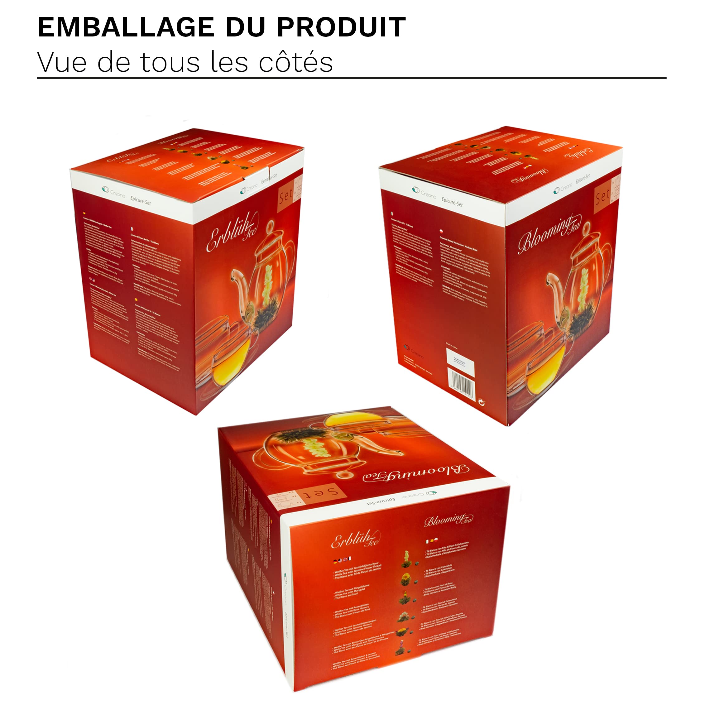 Creano – Coffret Fleur de Thé 6 pcs + Théière verre 500 ml sans goutte + 2 Tasses de thé 200 ml soufflées à la bouche – 6 variétés de thé blanc, idée cadeau – Thé en Fleurs