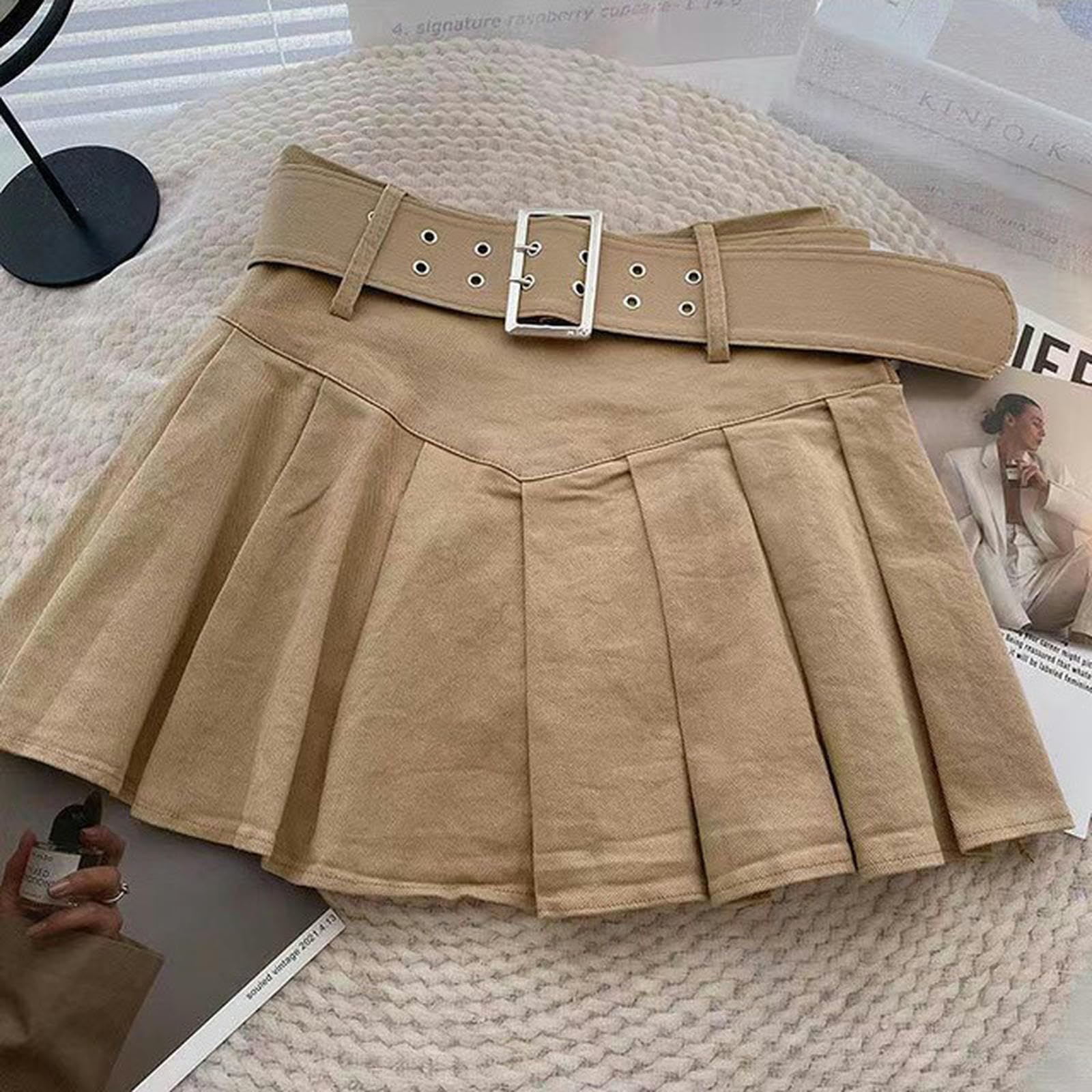 AYAZER AYAZER Falda Plisada De Verano Mujer Moda Coreana con Cinturón Mini Faldas Chica Kawaii Uniforme Escolar De Cintura Alta Faldas Cortas De Una Línea-Caqui con cinturón-S
