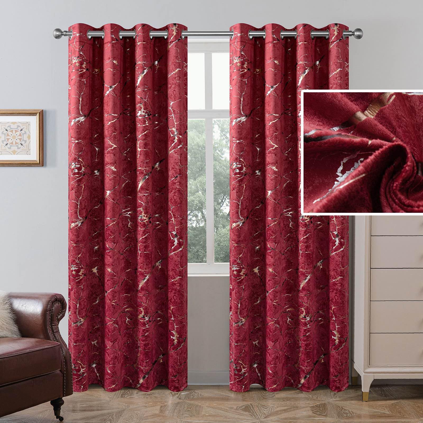 Petrichor Luxury Burgundy Velvet Curtains, Gold & Silver Foil Marble Pattern, 80% Light Blocking, Thermal Drapes, 52" Wide x 95" Long, 2 Panels for Bedroom and Living Room