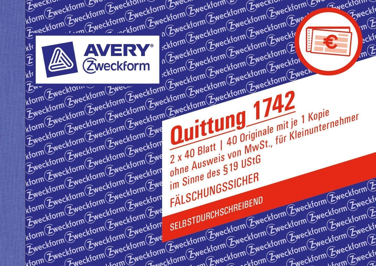 AVERY Zweckform 1742 Quittungsblock Kleinunternehmer (A6 quer, 2x40 Blatt, mit Durchschlag, fälschungssicher, ohne MwSt., für Deutschland und Österreich) weiß/gelb (5er Pack | ohne MwSt)