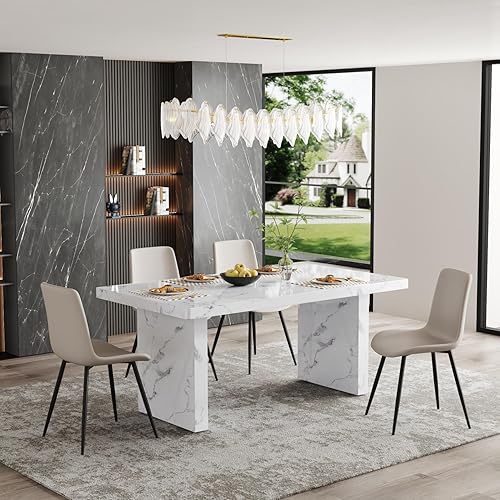 Miniatura 19 de Juego de mesa de comedor moderno para 6, juego de mesa de comedor blanco de 63 pulgadas para 6, tablero de mesa de cocina MDF con patrón de mármol y