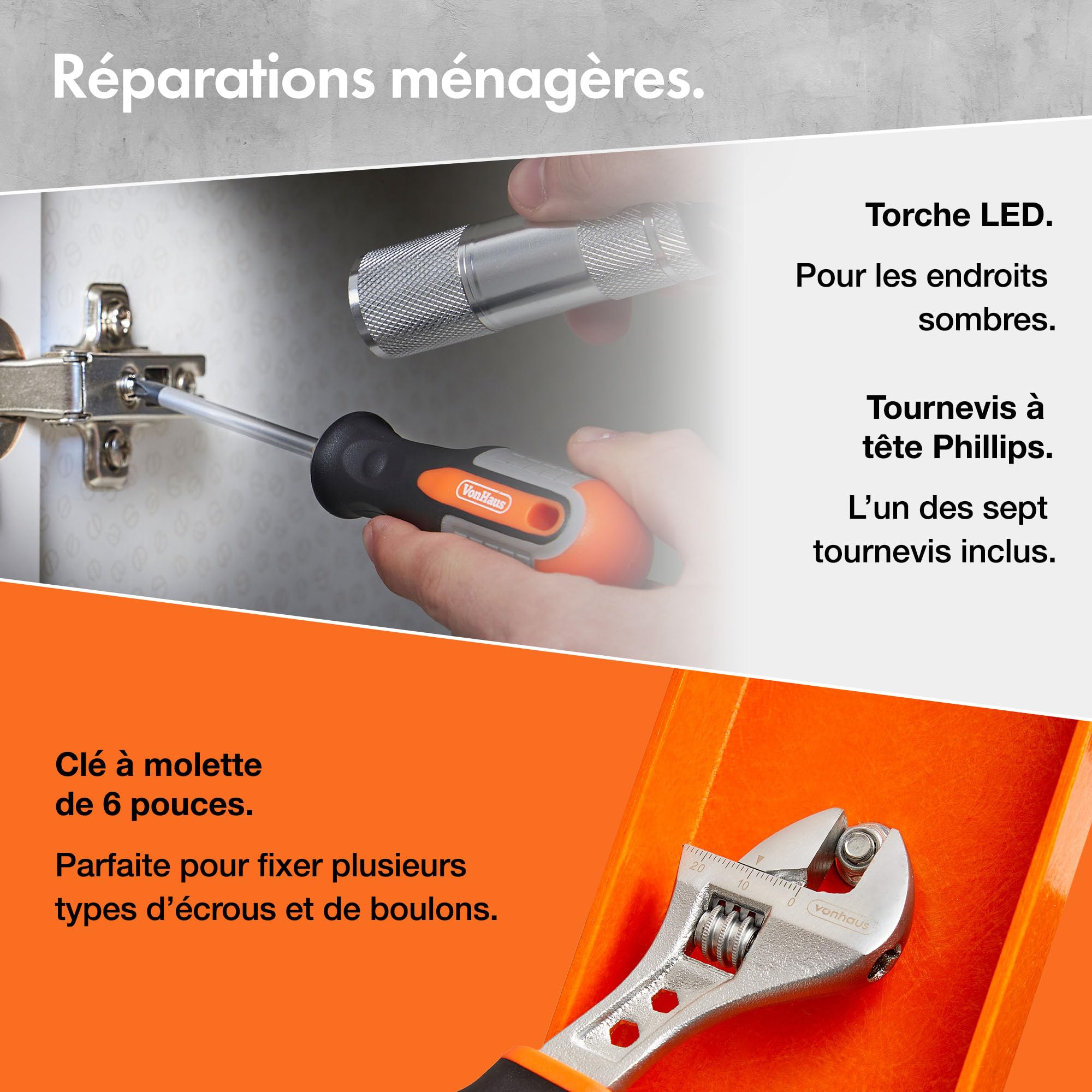 VonHaus Caisse à Outils - Complet Boite de 120 Pièces - Boîte à Outils Manuels, avec Lampe de Poche LED, Clés Hexagonales, Ruban à Mesurer & Mallette de Transport