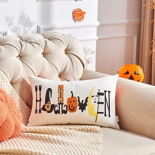 Miniatura 1 de Alysheer Funda de almohada decorativa de otoño con bordado de Halloween, 12 x 20 pulgadas, funda de cojín de lona de algodón bordada naranja con