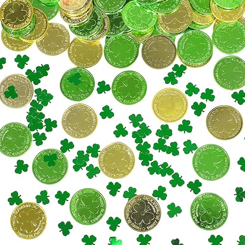 LOMIMOS Decoraciones de mesa del día de San Patricio, 120 monedas de plástico de buena suerte y chispas de confeti de trébol de 1 onza para