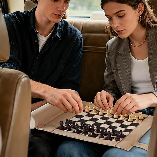 Miniatura 7 de Woodronic Juego de backgammon de ajedrez magnético, juego de ajedrez magnético 3 en 1 para adultos, juego de mesa de gamuza portátil enrollable para