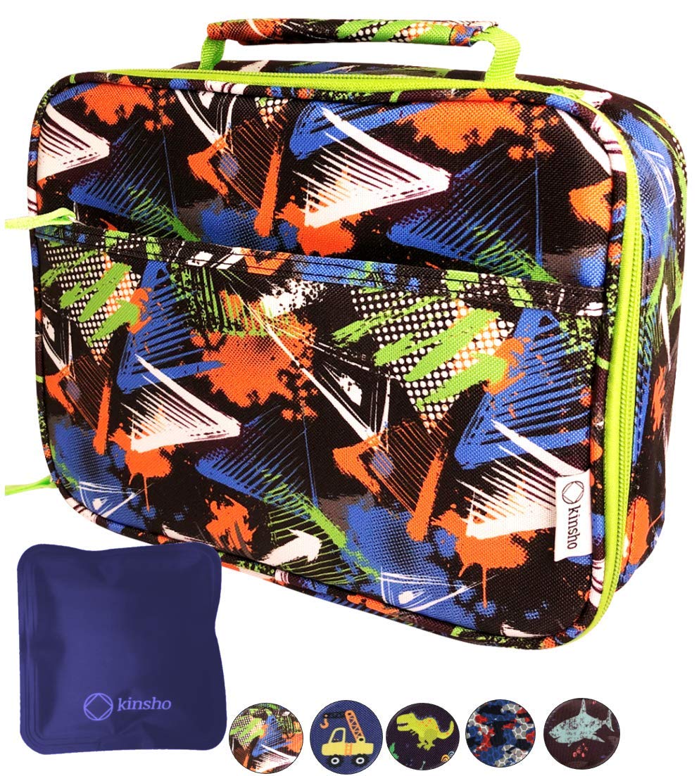 Lunch Box for Boys with Ice Pack, Insulated Bag for Elementary School Kindergarten Kids, Baby Daycare, Container Boxes for Small Boy Snacks Lunches, Fits Kinsho Bento, BPA Free, Blue Orange Cool Boy