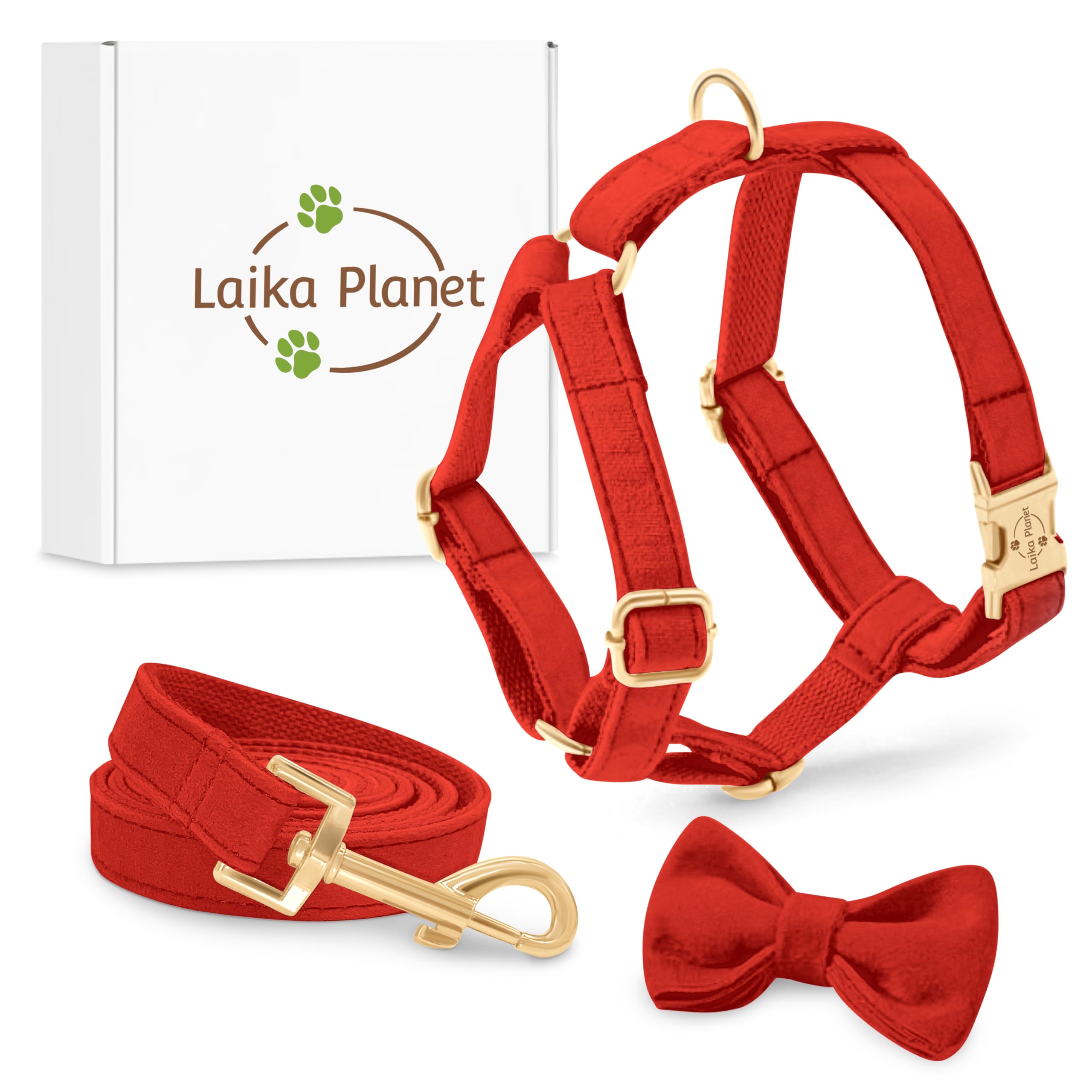 Arnés para Perro pequeño con Correa y Pajarita multiposición, arnés para Perro de Terciopelo, arnés en Forma de H, Correa de 1,50 m, arnés Premium, arnés para Cachorro (M, Rojo)