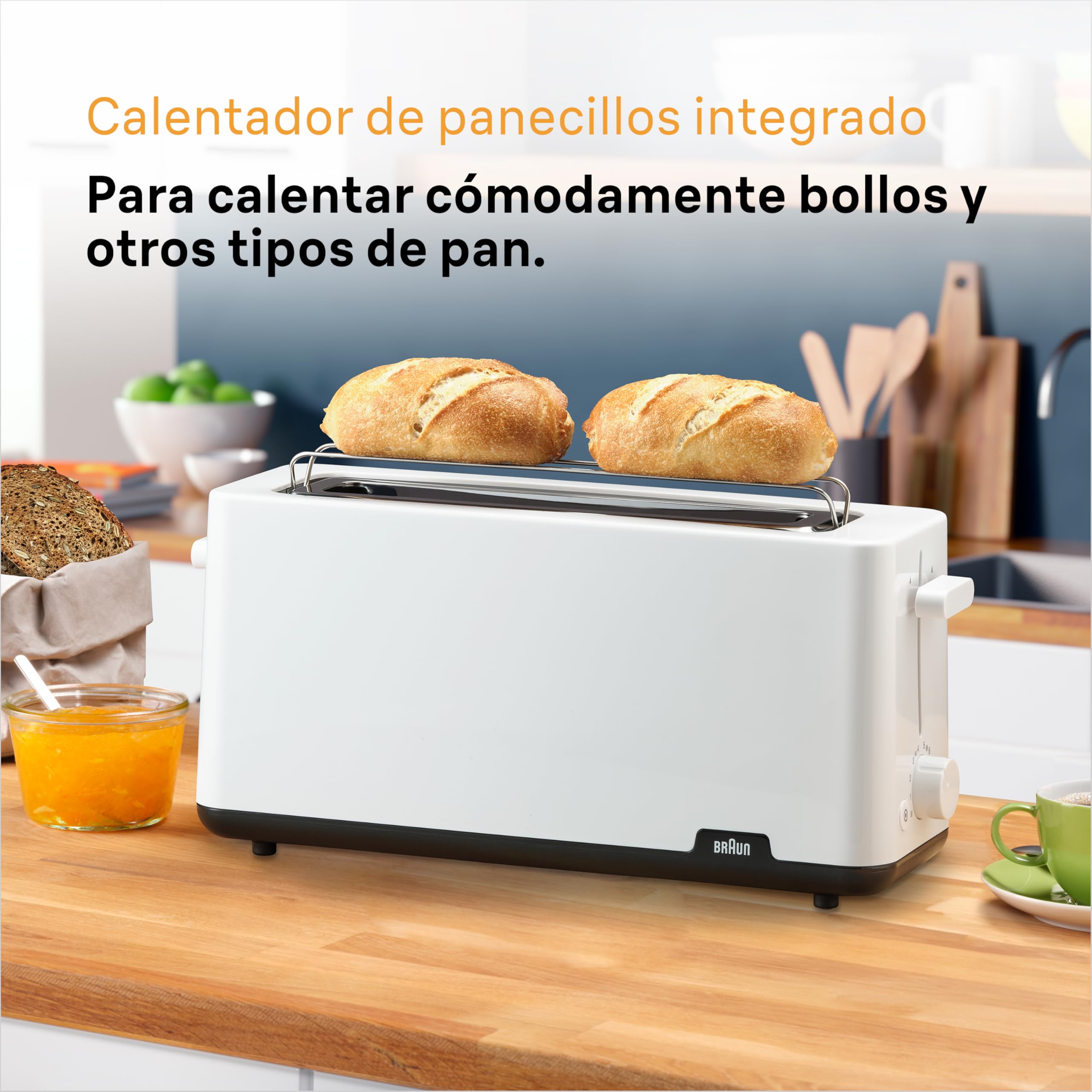 Braun Breakfast 1 HT1110WH, Tostadora con Ranura Extra Larga con 8 Niveles de Tostado, Funciones para Recalentar y Descongelar, Bandeja para Migas, Ranura de 25 cm, Potencia 1030W, Color Blanco