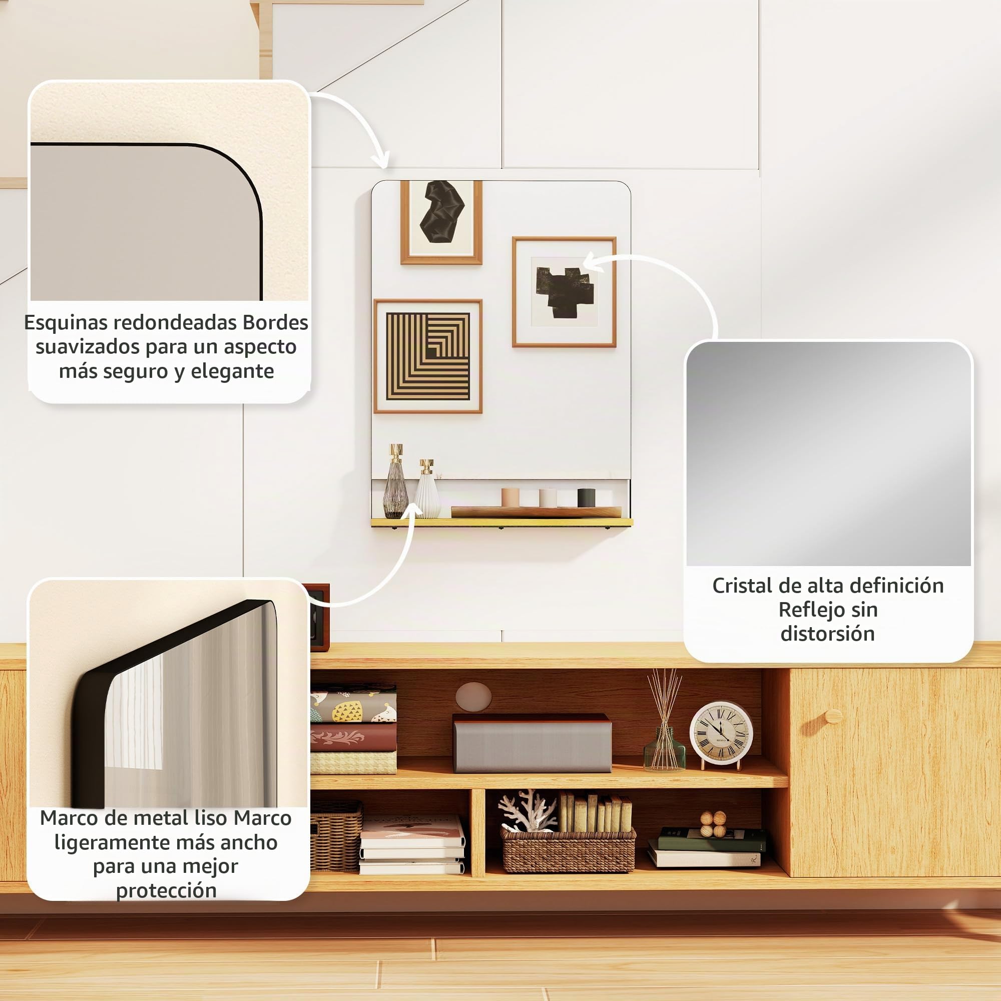 HOMCOM Espejo pared con estante madera 80x60 cm Marco metálico negro | Espejo rectangular, para entrada, salón, baño