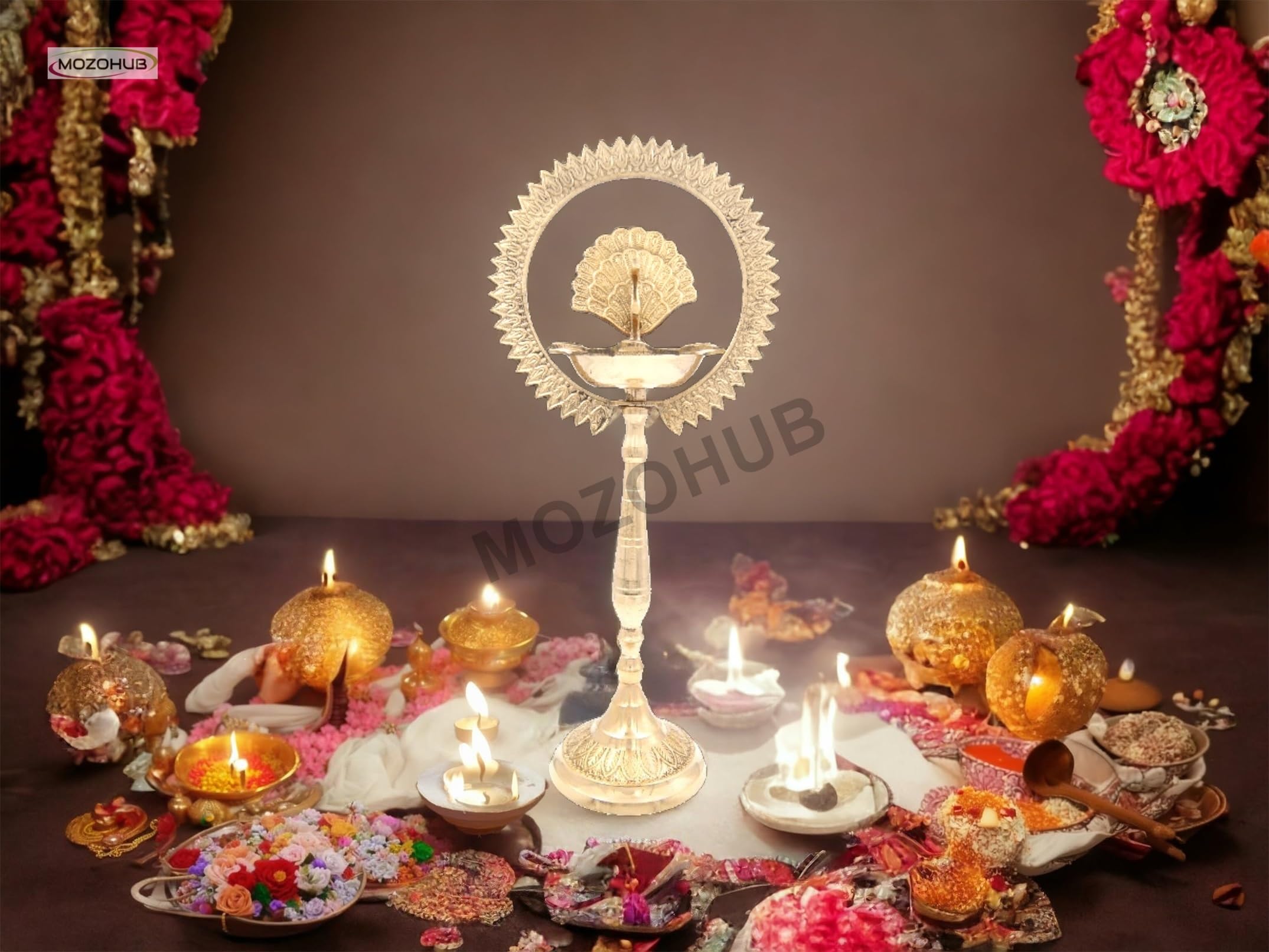 MOZO HUB Diya Stand Brass Golden Traditional for Home Office Pooja (50 cm)