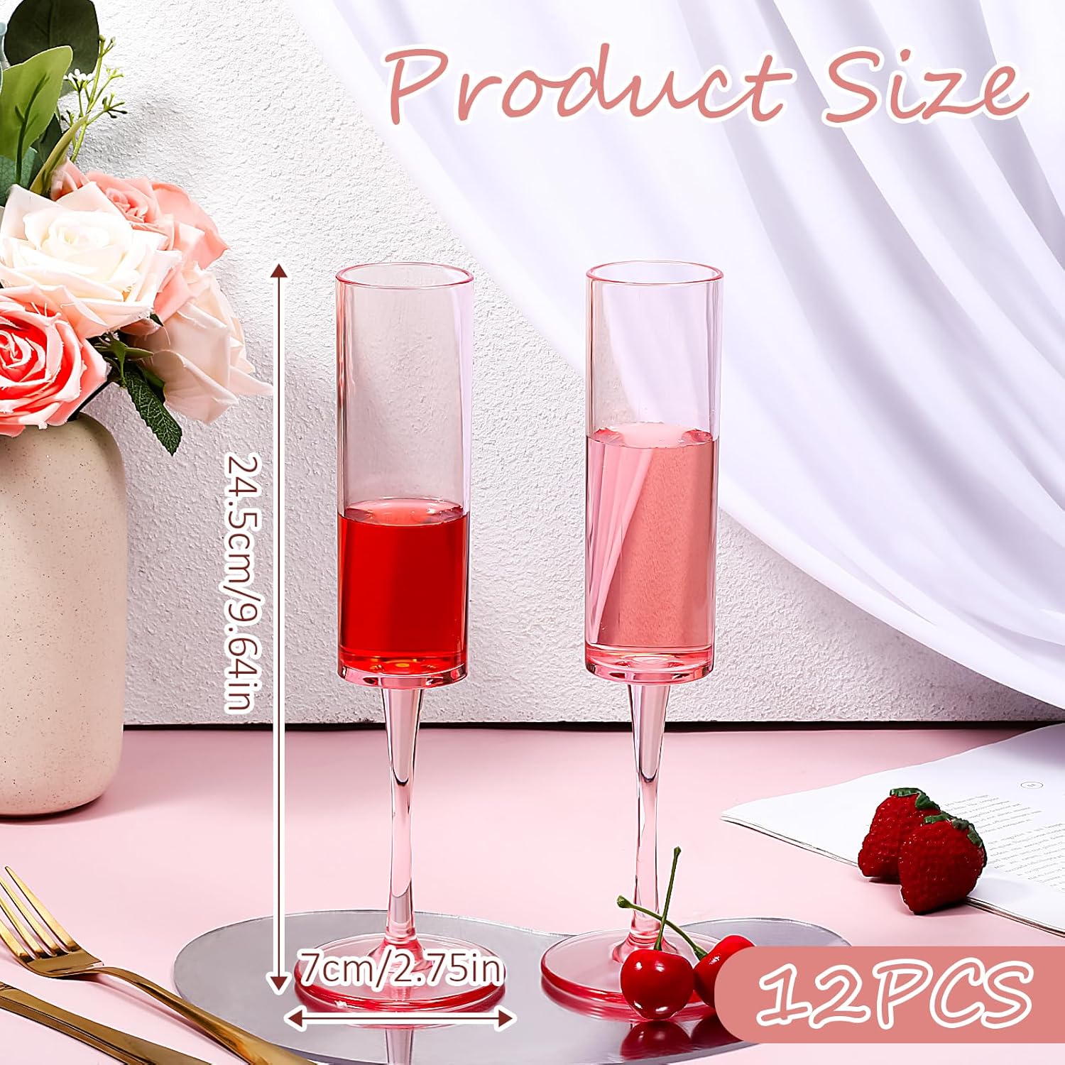 12 Pcs Acrylic Pink Champagne Flutes, 5.5 Oz Clear Champagne Glasses Square Sparkling Wine Stemware Reusable Unbreakable Pink Plastic Champagne Flutes For Wedding Birthday Party Anniversary Christmas - Image 2