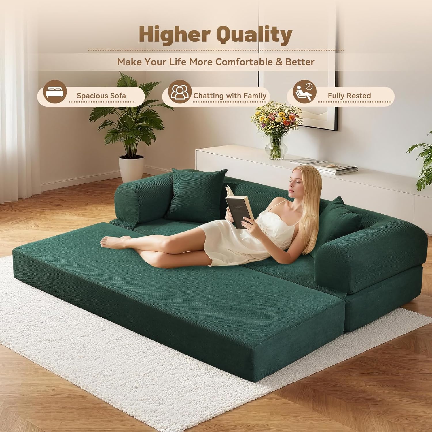 80 Inch Convertible Sofa Bed,Folding Pull Out Couch with Pillows & Storage Pocket,Corduroy Queen Sleeper Sofa in a Box,No Assembly Boneless Couch for Living Room,Deep Green