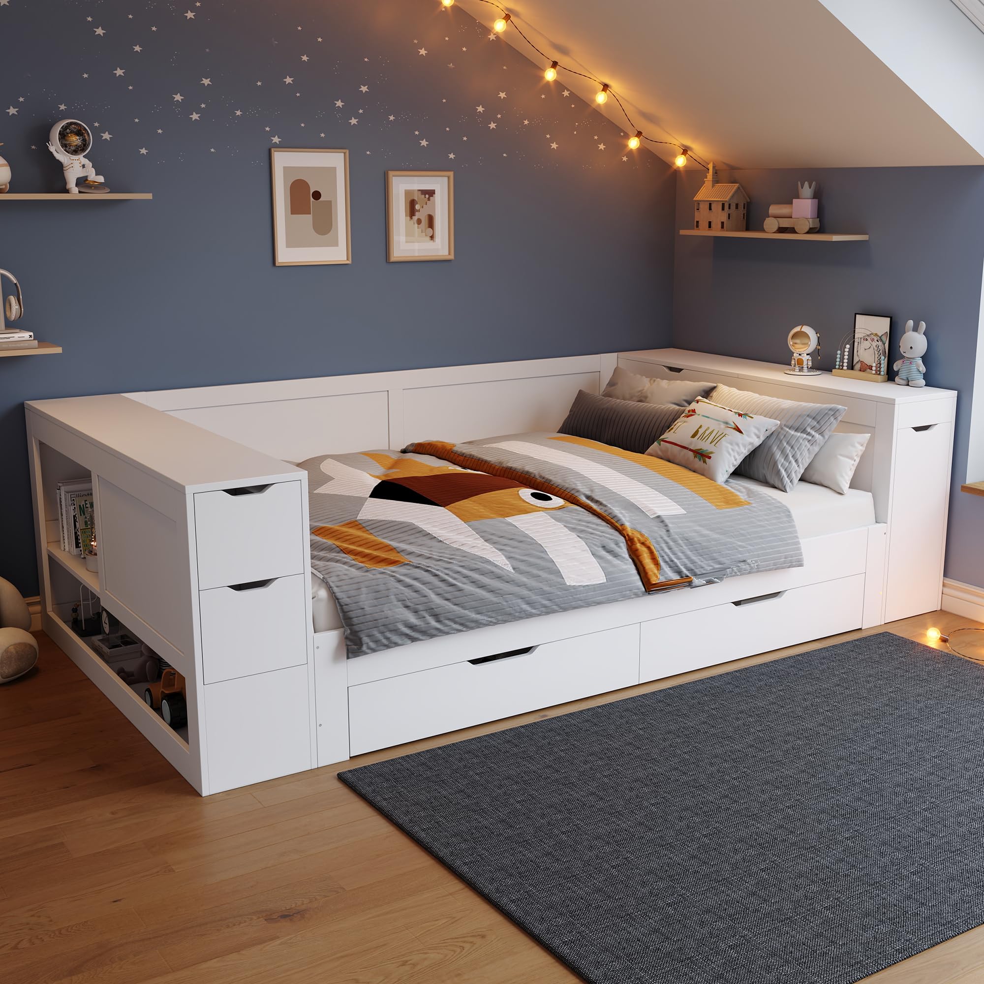 Kinderbett 140x200 cm, Doppelbett mit Regalen und Stauschrank, Stauraumbett mit Schubladen, Bettkasten mit Nachttischen, für Erwachsene und Jugendliche, Weiß, ohne Matratze